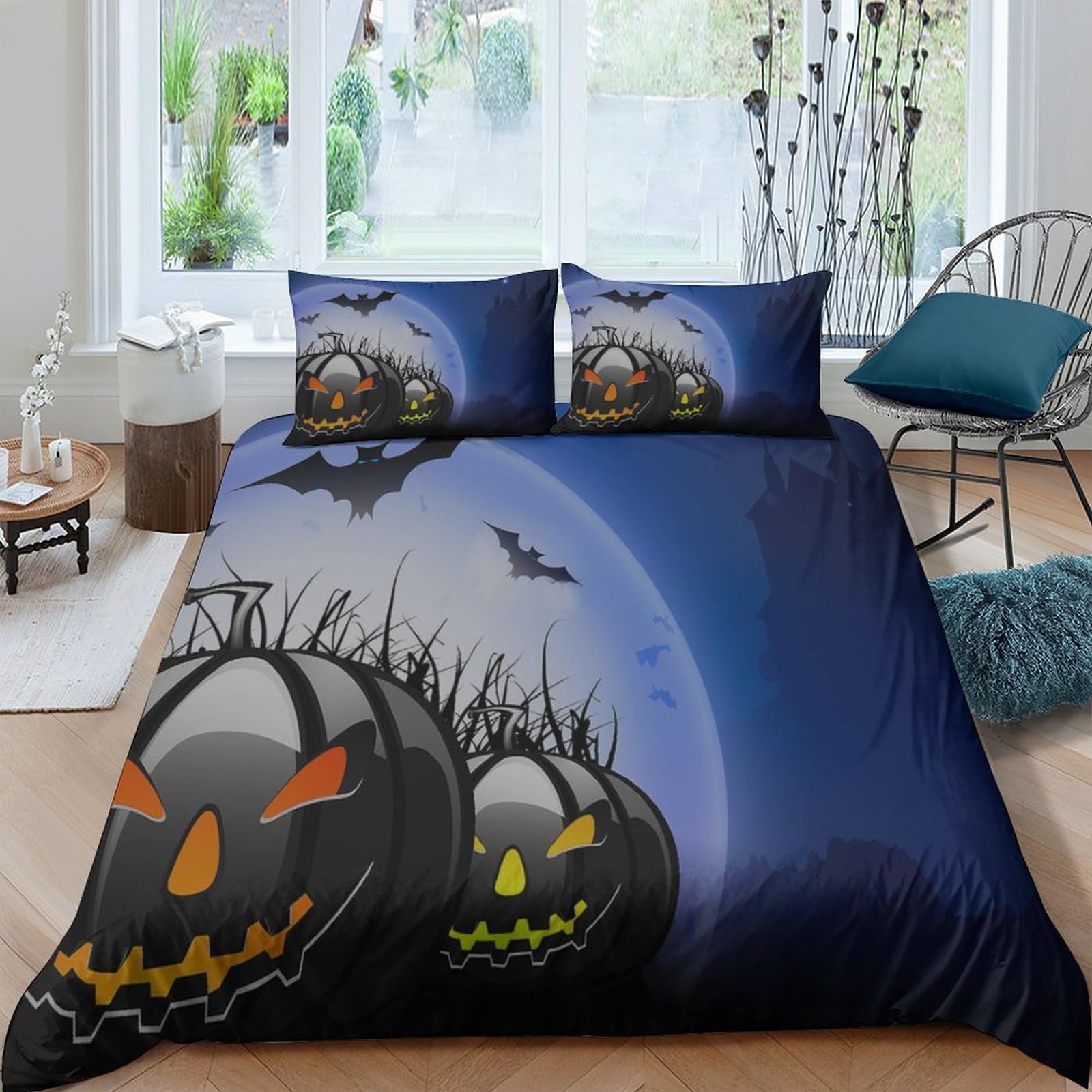 Parure de lit Toussaint avec housse de couette tête de citrouille 3 pièces microfibre 200x200