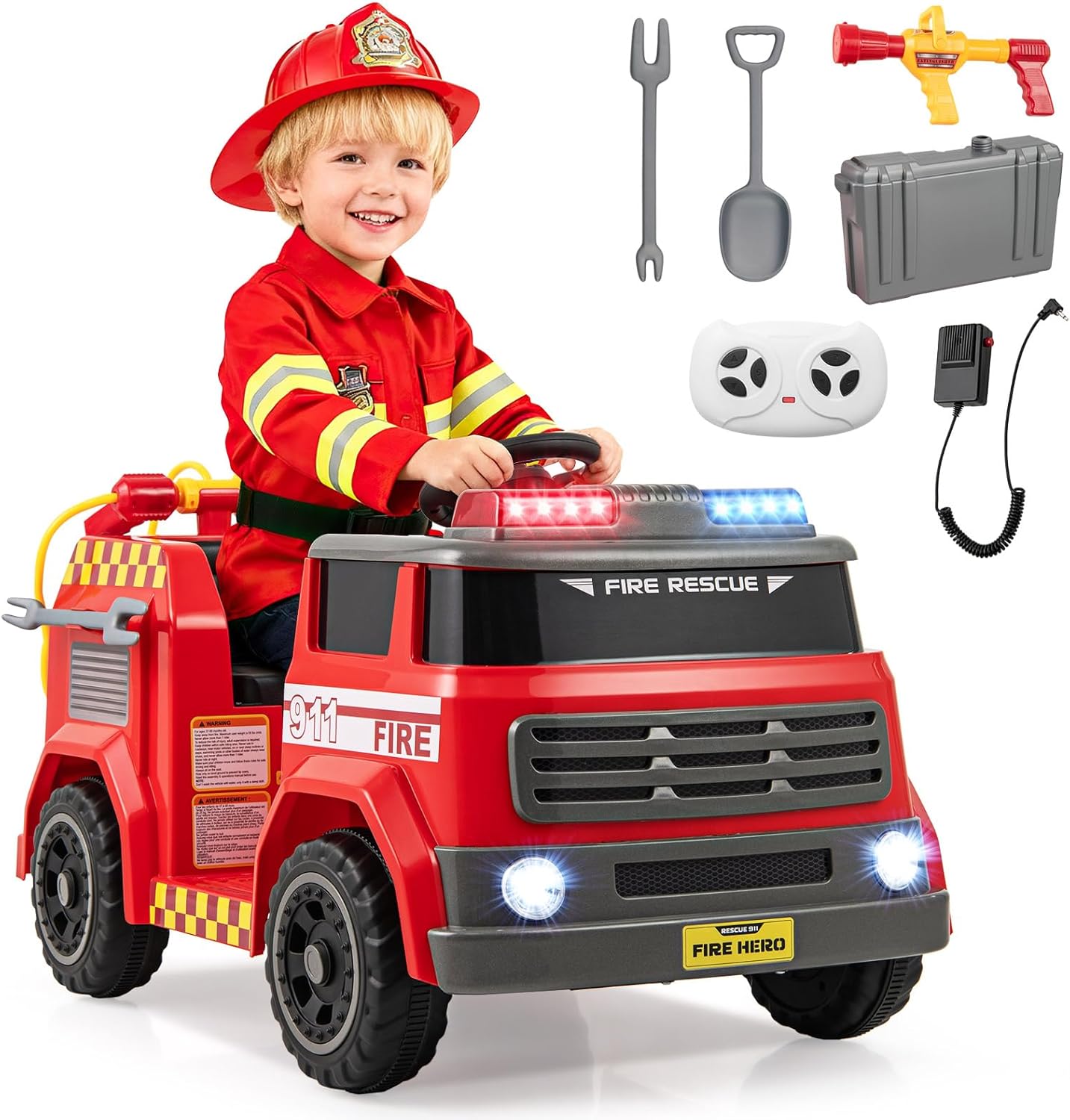 OLAKIDS 12V Ride on Fire Truck with Water Gun, Tank, Megaphone, Siren, Alarm Lamps, Shovel, Remote Control, Music, Aged 3+ Years