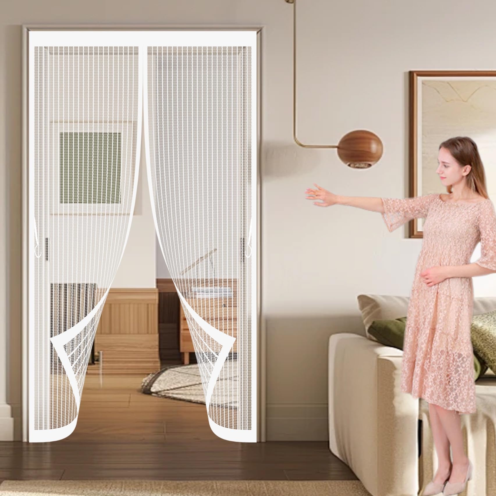 Xueqxue White Door Fly Screen Curtain 170 X 216 Cm Automatically Close, No Gap, Easy To Install Without Drilling, Keep Bugs Out Lets Fresh Air In Flyscreen French Doors For Patio Doors Bedroom,