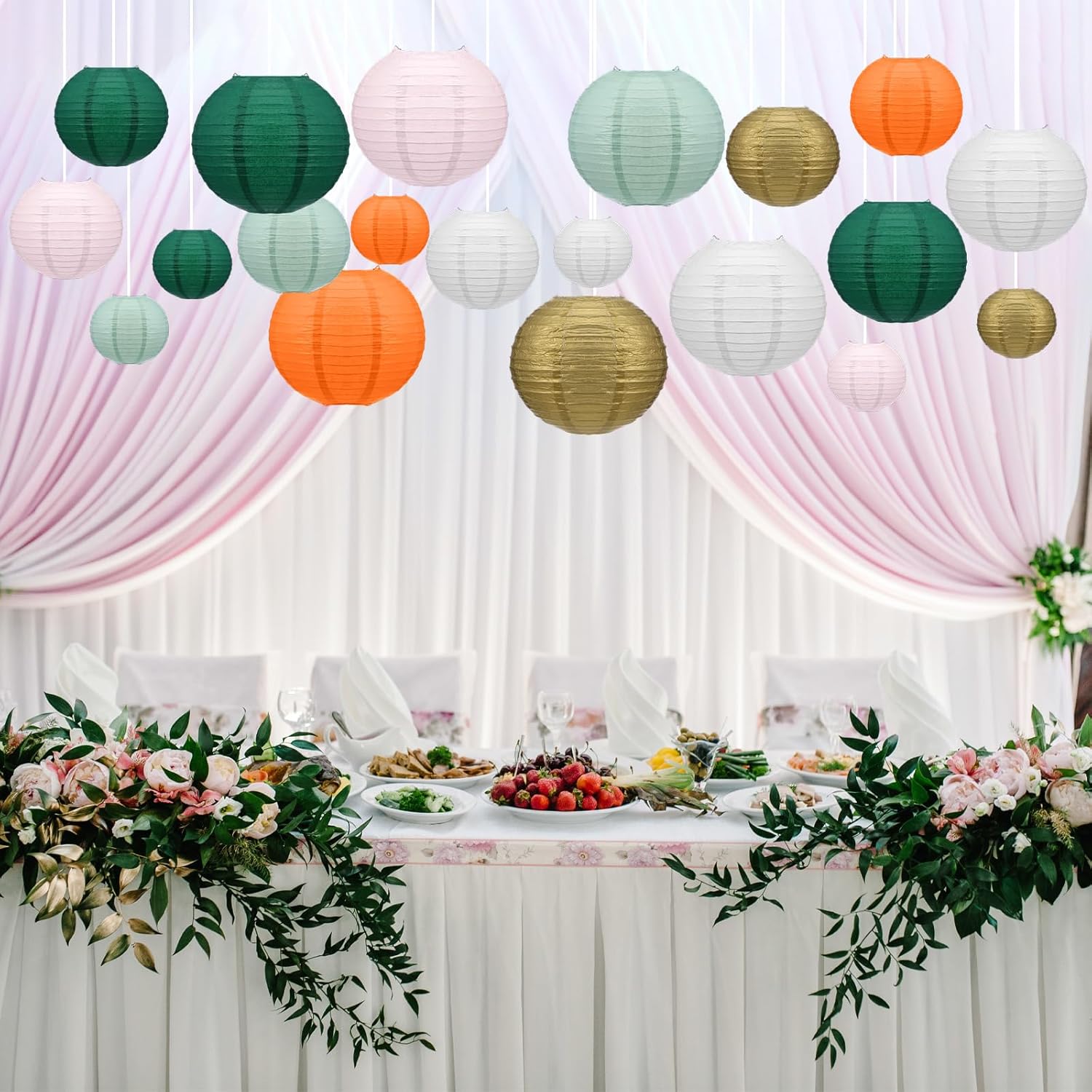 24 Pcs Sage Green Pink Gold Orange Paper Lanterns Decorative, Round Hanging Paper Lanterns for Graduation Wedding Bridal Shower Birthday Party Baby Shower Decorations (6 Colors)
