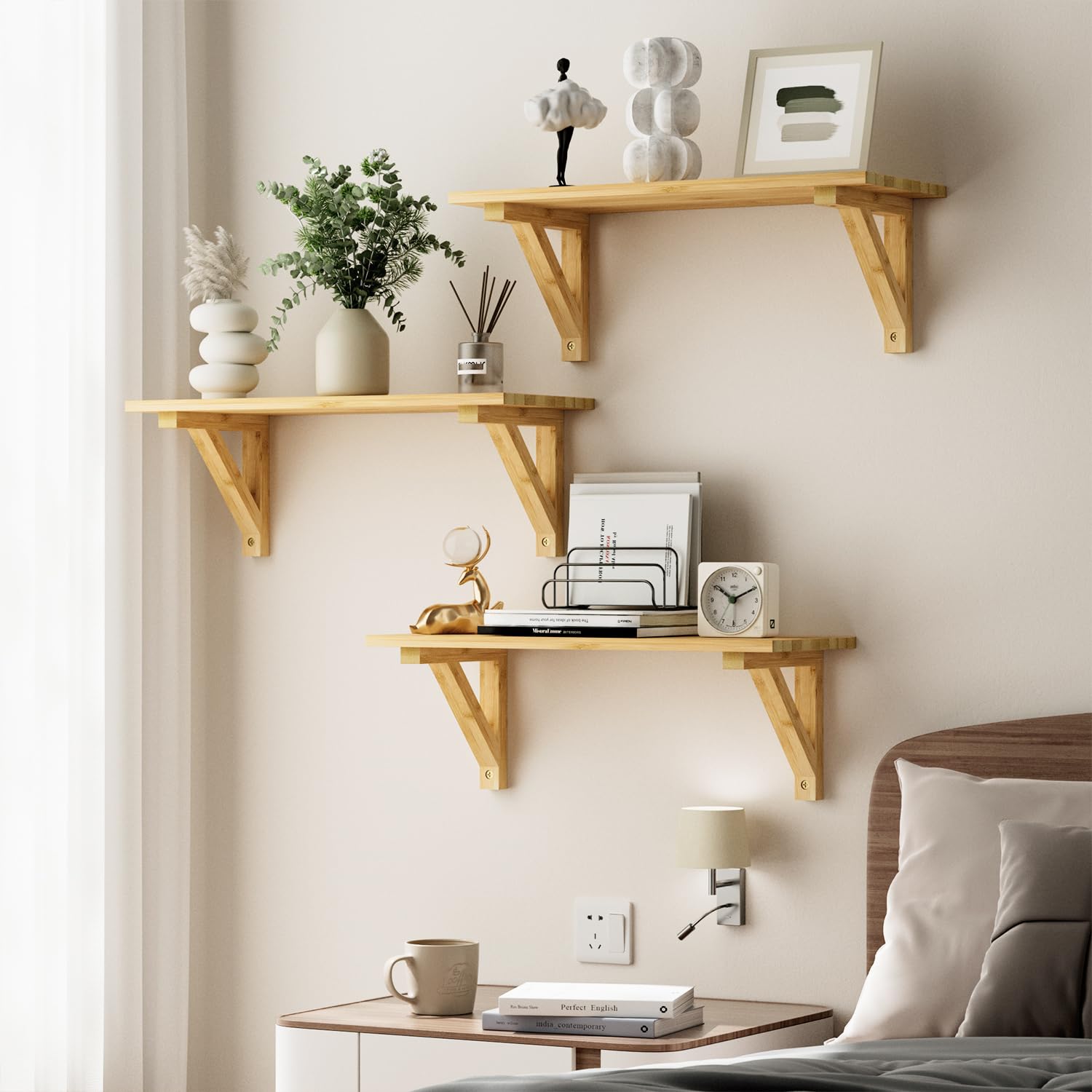 Lot de 3 Étagère Murale Bois pour Salon Chambre Bureau Salle de Bains ou Cuisine