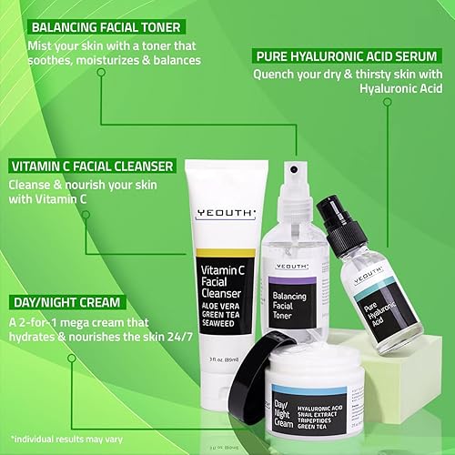 Miniatura 4 de YEOUTH - Kit de cuidado de la piel para adolescentes, limpiador de vitamina C, tónico, suero de ácido hialurónico, crema facial, juego de belleza y
