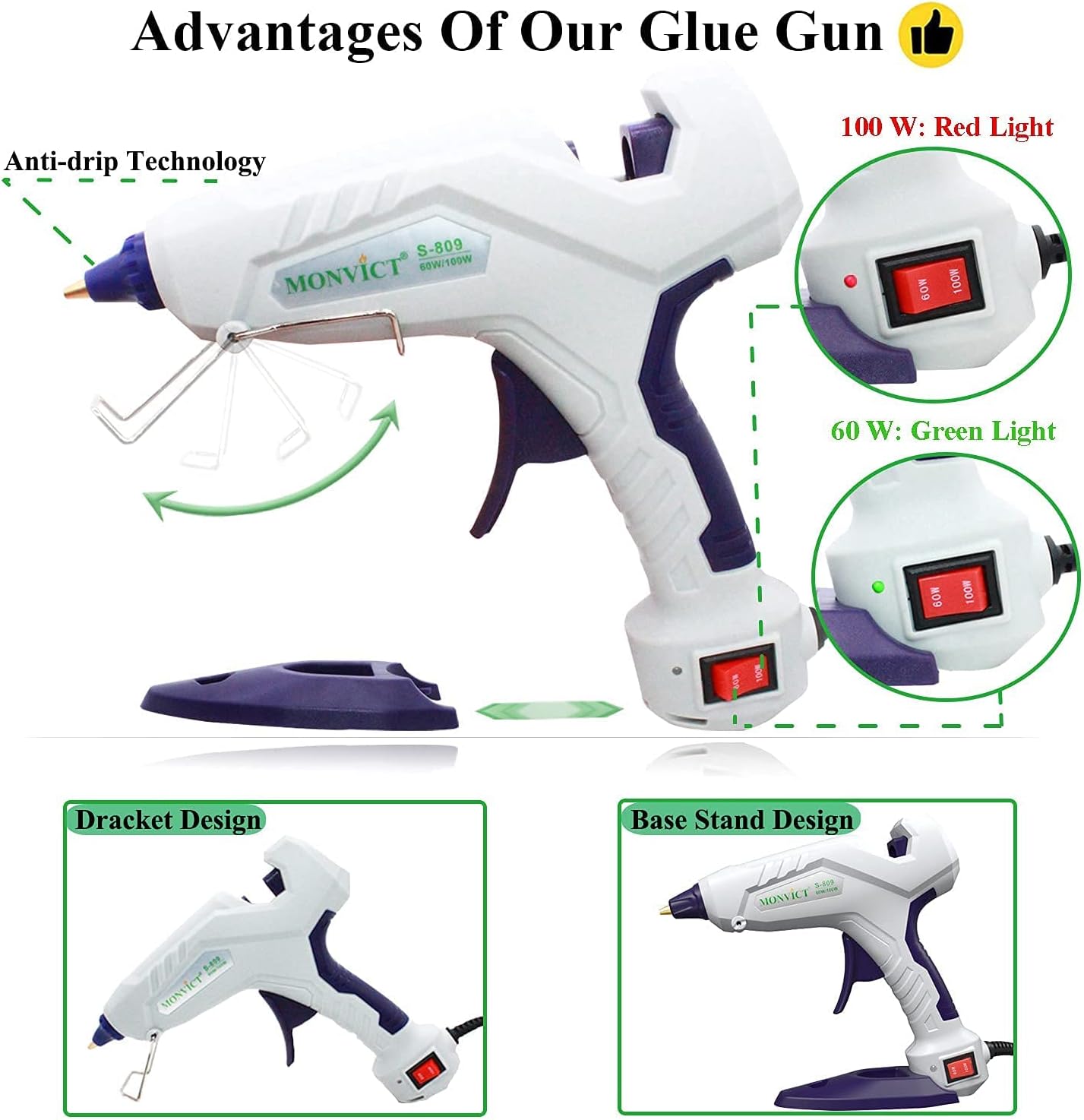 MONVICT MC-808/809 Hot Glue Guns with Stand & Safe, Precision Nozzle, Anti-Drip Technology, Dual Power Fast Heating