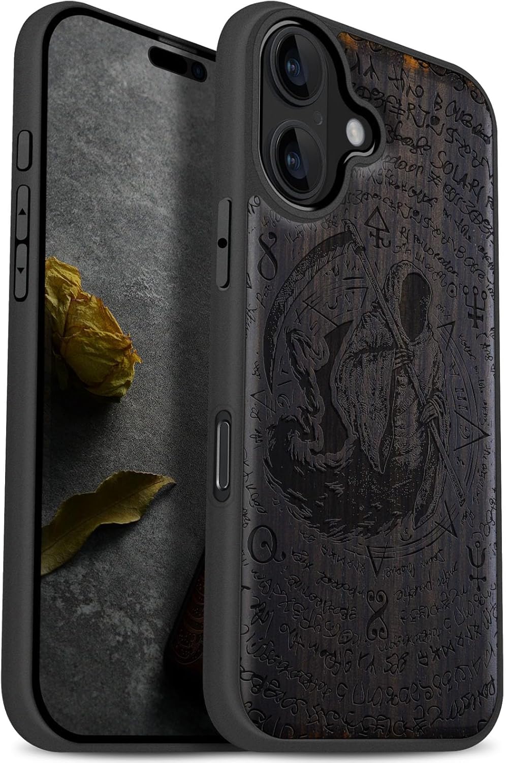 Carveit Magnetic Wooden Case for iPhone 17 Case, Wood Artisan Engraved & Black Soft TPU Shockproof Cover, Compatible with MagSafe Wireless Chargers (The Grim Reaper of Carved) Blackwood