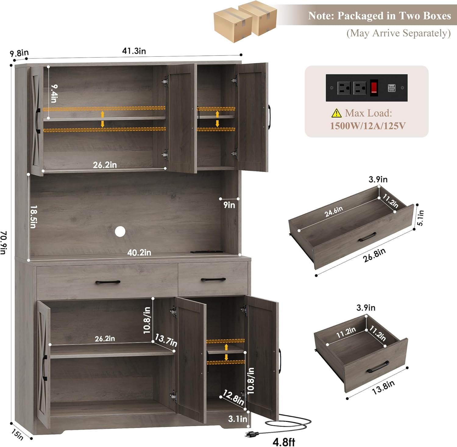 HOSTACK 71" Pantry Cabinet with Charging Station, Tall Kitchen Pantry Storage Cabinet with Microwave Stand, Farmhouse Kitchen Hutch with Storage Drawers for Living Room, Dining Room, Ash Grey