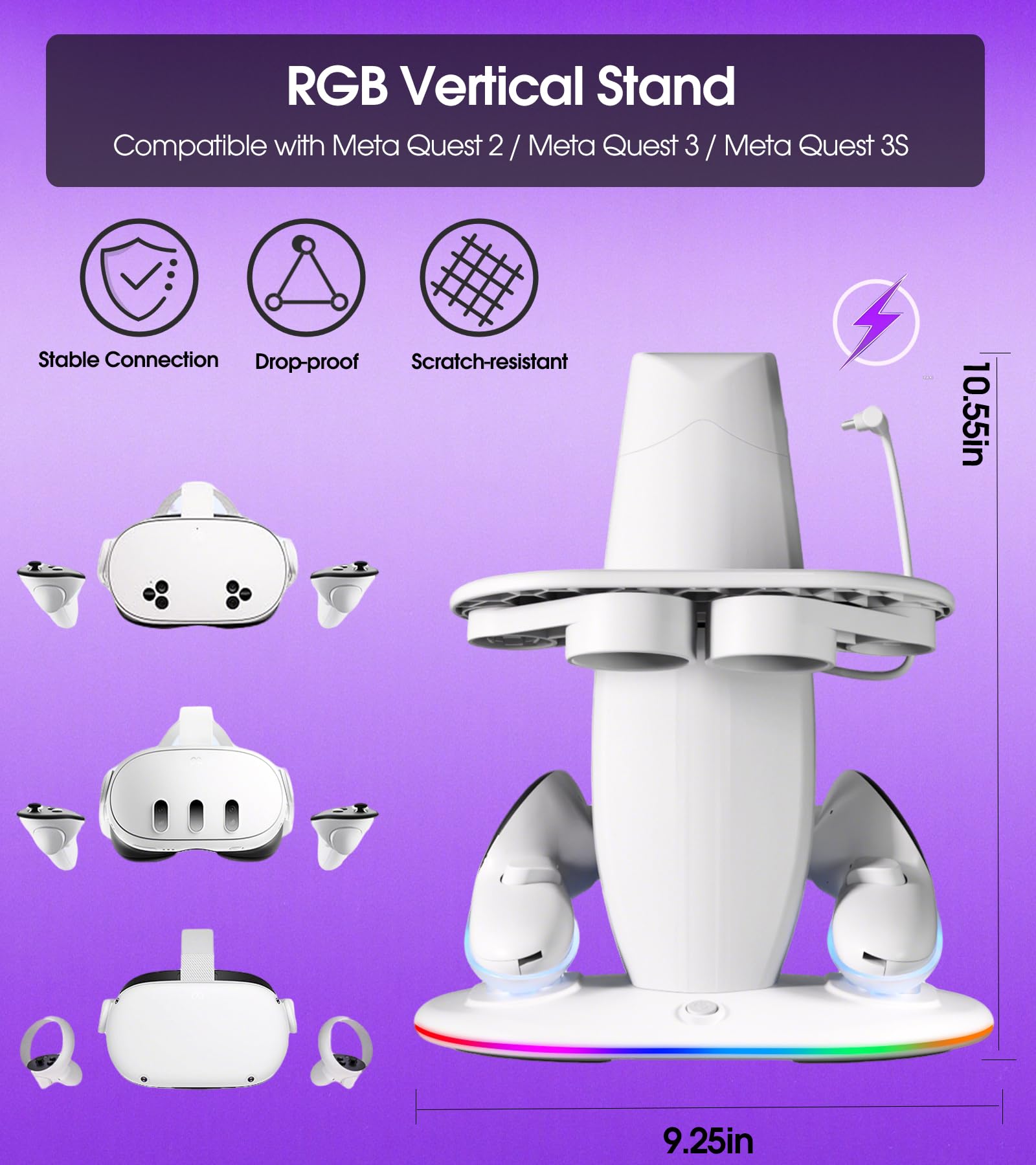 Ladestation für Meta Quest 2/3/3S/Quest Pro,Schnelllade-Dock mit RGB Beleuchtung für Controller, Ladedock mit USB C Schnellladung für VR Headset und Touch Controller (White)