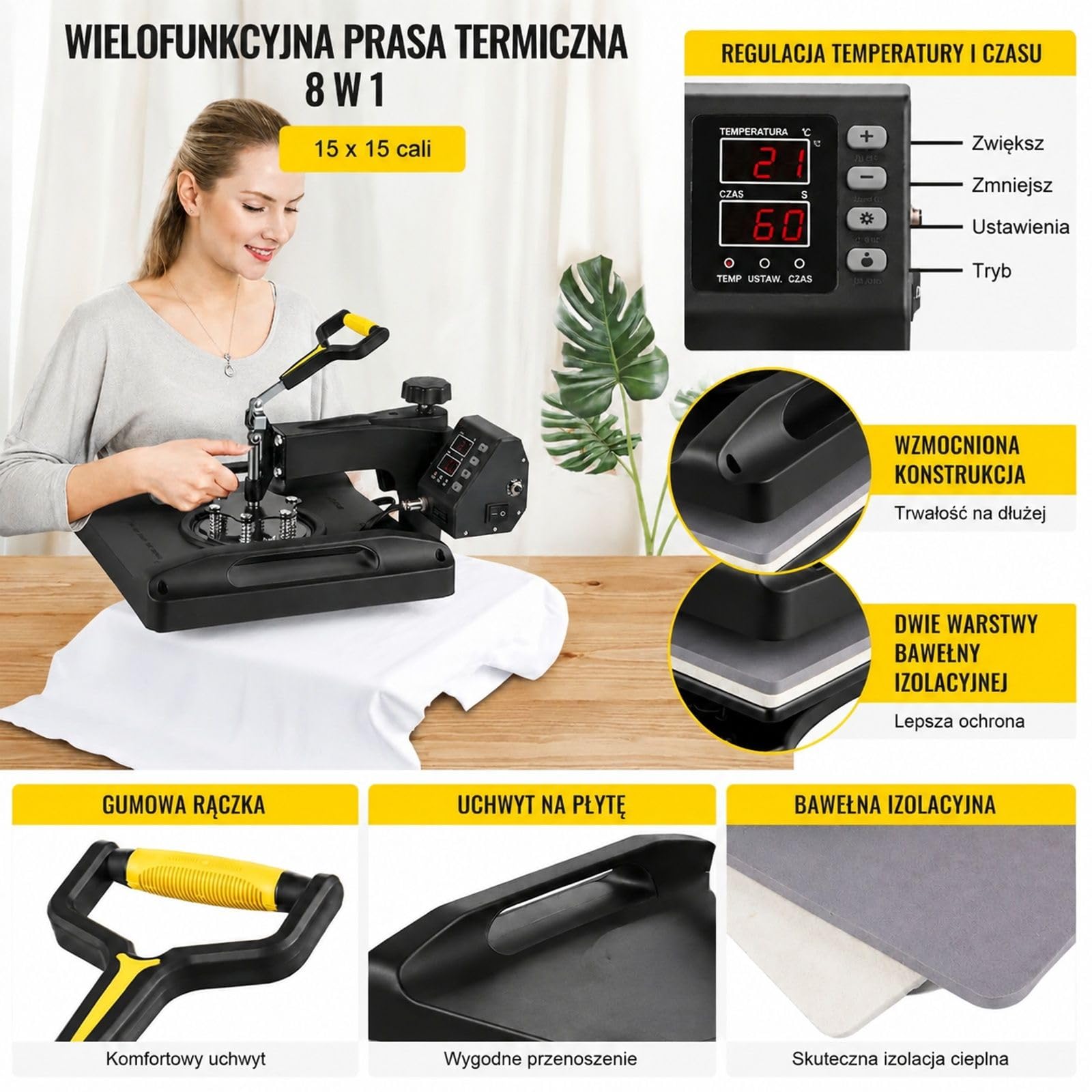 Prasa termiczna 8 w 1, czarna cyfrowa maszyna swing do transferu na koszulki, czapki, kubki i talerze