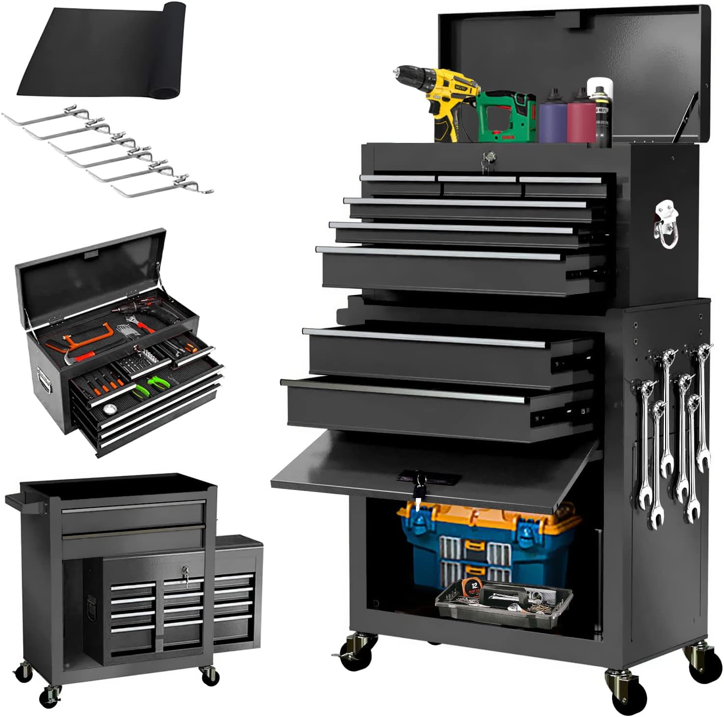INTERGREATTool Chest, 8-Drawer Tool Chest with Wheels, Detachable Black Metal Tool Cabinet with Lock Top Tool Box, Garage, Warehouse, Workshops, Repair Shop