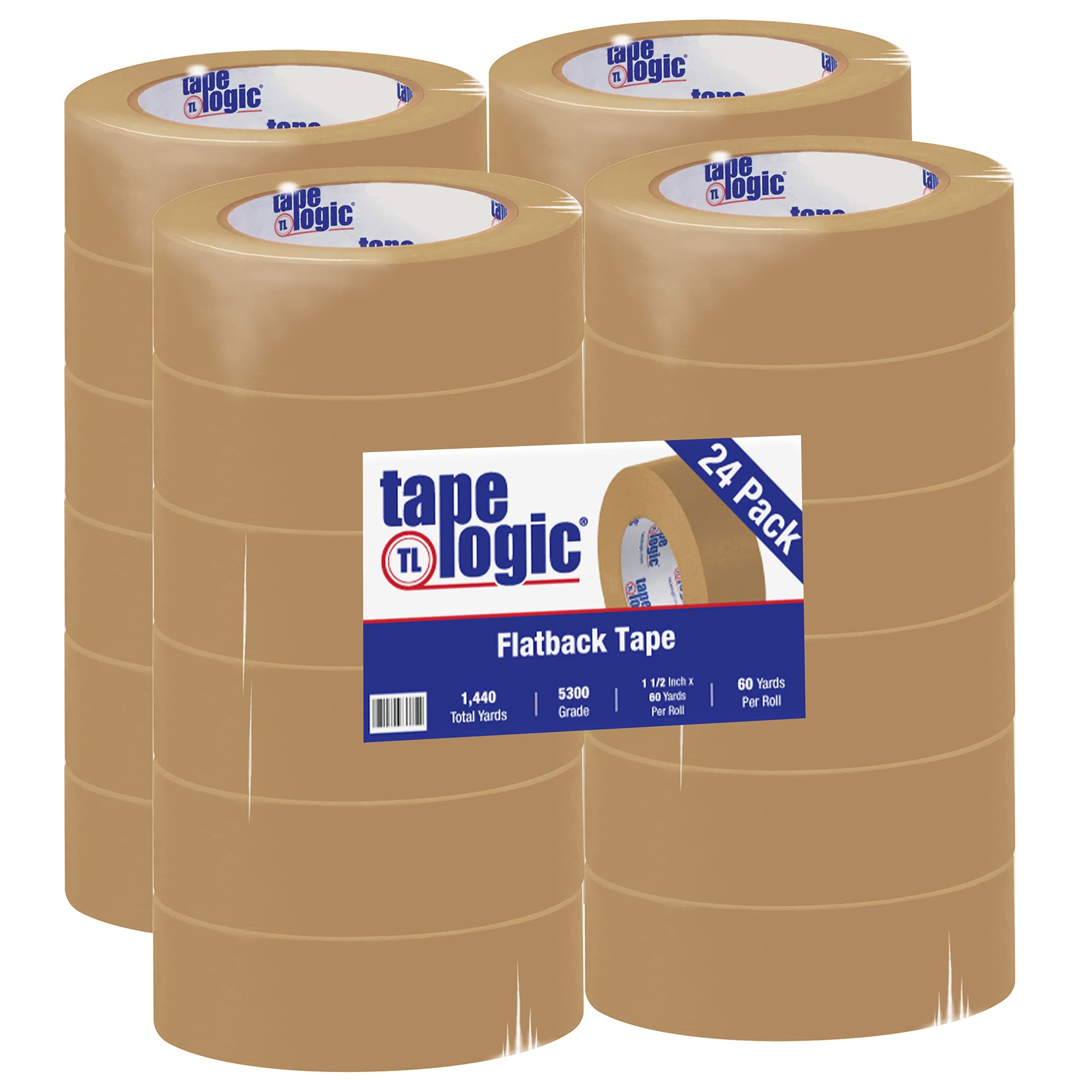 Brown #5300 Flatback Tape by Tape Logic – 1.5 Inches Width x 60 Yards Length, paper, Brown, Pack of 24, Model TLT9465300
