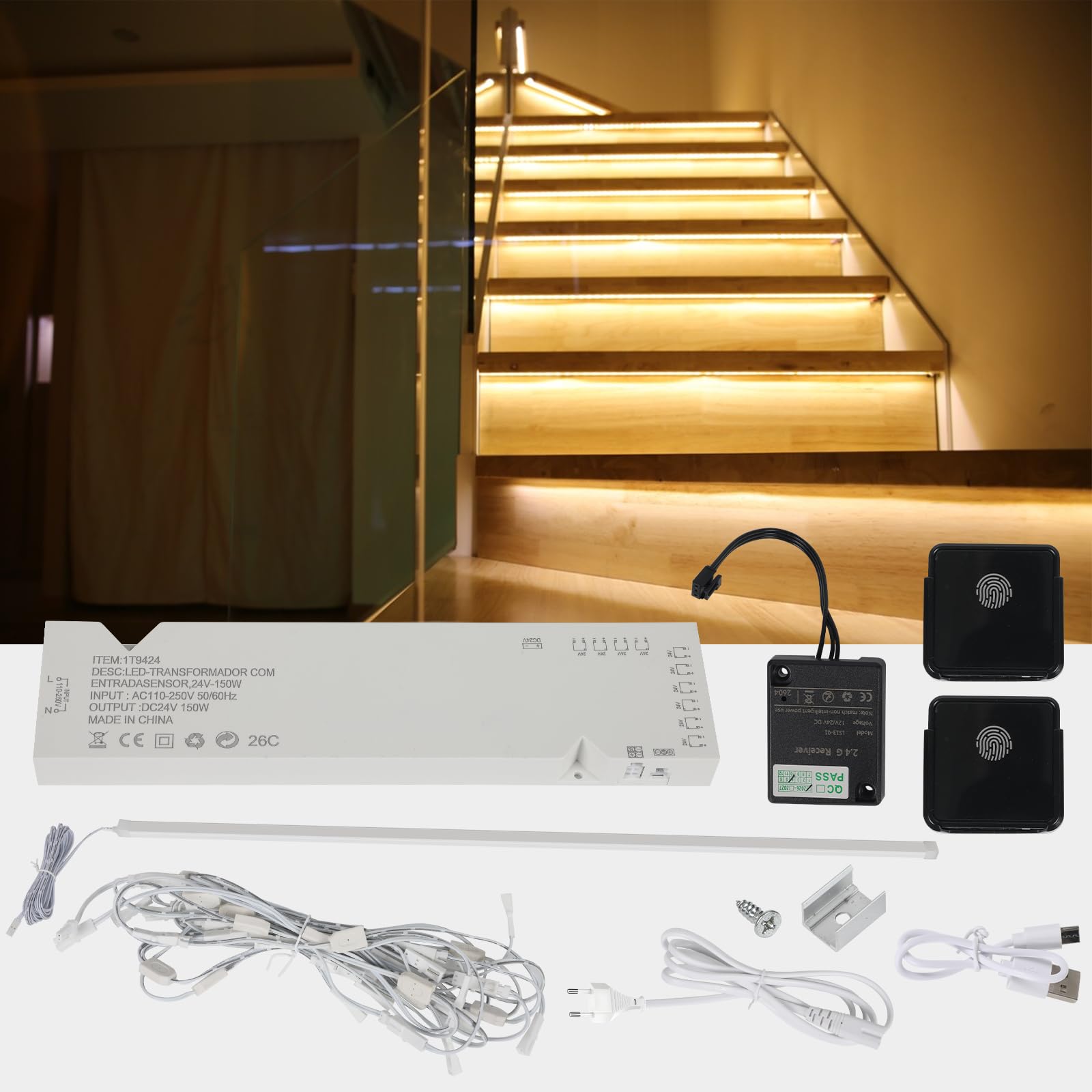 LED Treppenstufenbeleuchtung mit 2 Funkfernschalter, 16 Stufen 80cm Silikon-Profil Lichtstreifen 3000K Warmweiß Dimmbar Treppenlicht Komplettset für Innentreppen