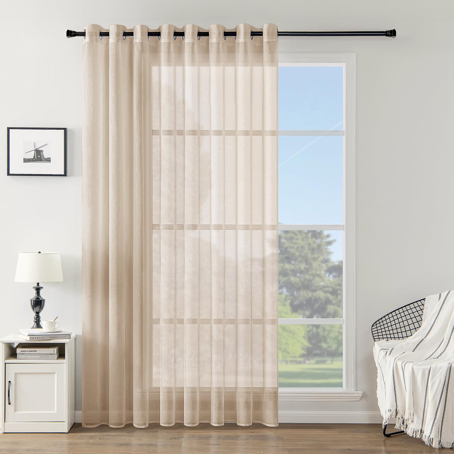 Woaboy Voile Gardinen Vorhänge Transparent Wohnzimmer mit Ösen Stores Gardinen Schlafzimmer Ösenvorhang Scheibengardine Schlaufengardinen Modern 1er Set 300x245cm (B x H) Beige