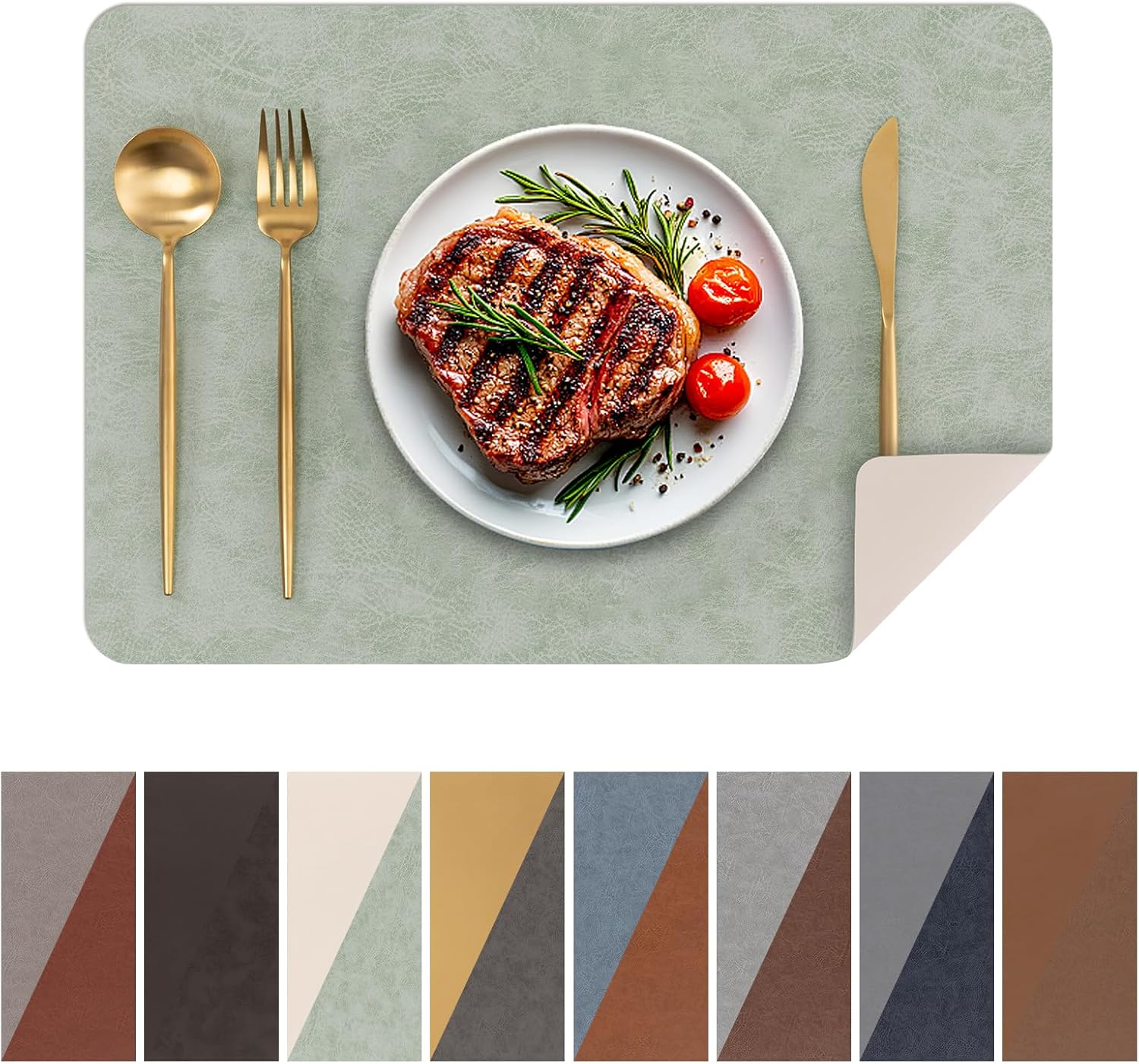 SHACOS Faux Cowhide Leather Placemats Set of 6, Wipeable Heat Resistant Table Mats, Stain Resistant Double Sided Reversible PU Place Mats for Dining Table Kitchen Restaurants, Green and Ivory