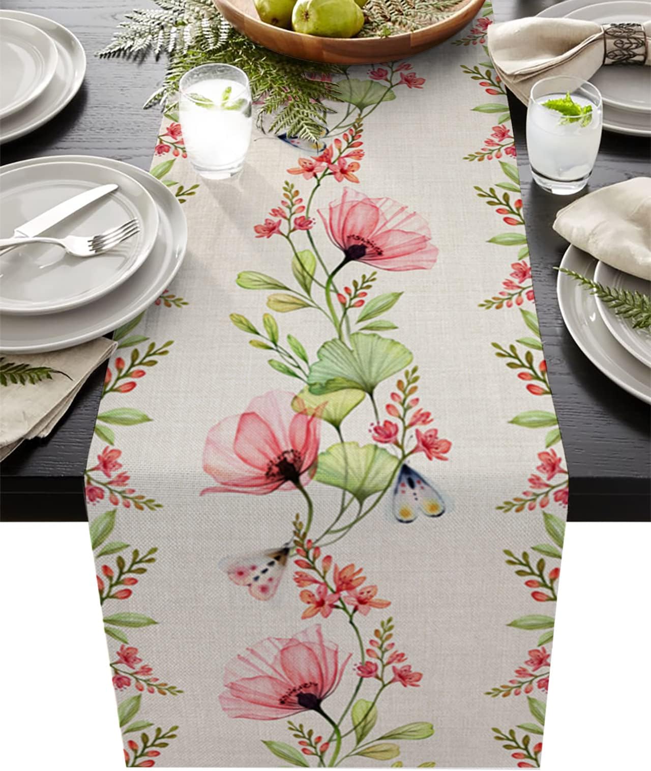 Linen Table Runners 48inches Long Farmhouse Poppy Flowers Washable Table Runner Cloth for Kitchen Dining, Wedding, Party, Banquet, Outdoor Use, Butterfly Leaf Tabletop Decoration