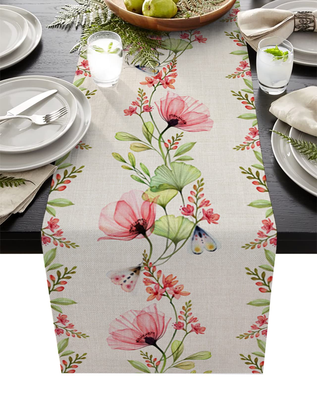 Linen Table Runners 48inches Long Farmhouse Poppy Flowers Washable Table Runner Cloth for Kitchen Dining, Wedding, Party, Banquet, Outdoor Use, Butterfly Leaf Tabletop Decoration