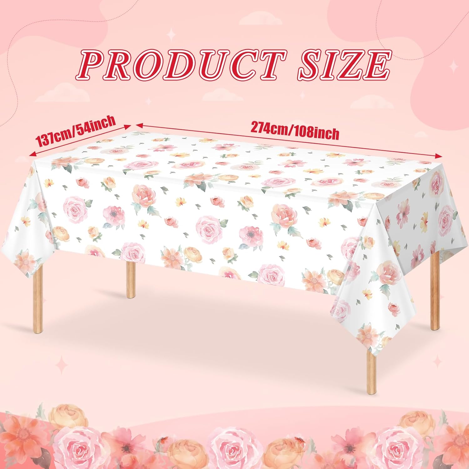 6 Pcs Spring Floral Tablecloth, Pink Wildflower Plastic Disposable Tablecloth Rectangle Table Covers for Easter, Birthday, Wedding,Baby Shower Tea Party and Mothers Day Decorations,54 x 108 Inch