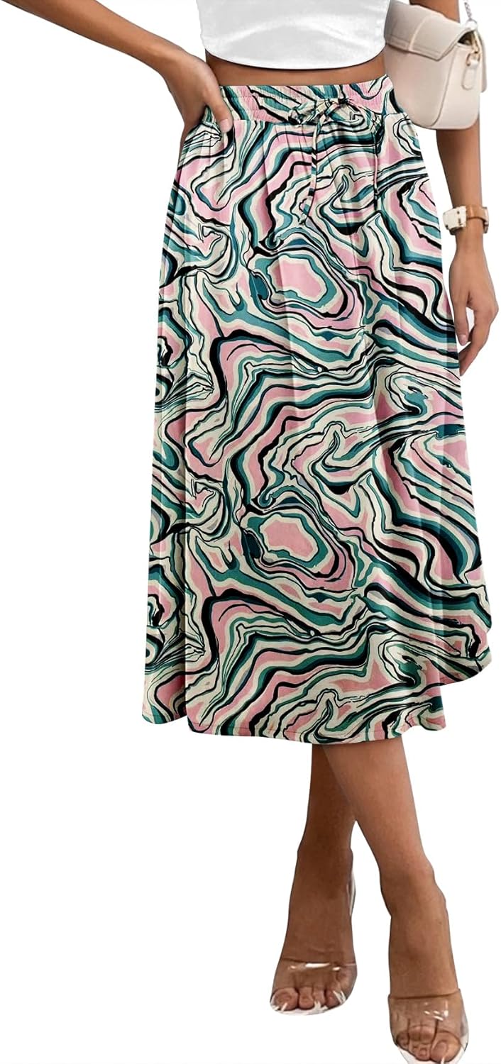 Angerella Womens Skirt Midi High Waist A-Line Casual Floral Print Trendy Bohemia Work Elegant with Pockets - Image 2