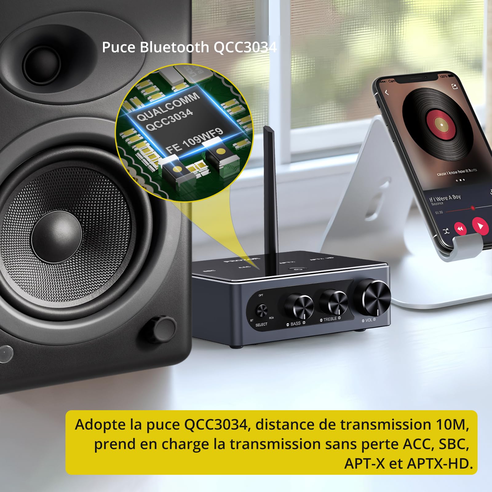 PROZOR Amplificateur Audio 100W+100W Amplificateur DAC AUDIO Puce Qualcomm Bluetooth Qualité Sonore Haute-fidélité Ajustement Sonore Élevé Faible Latence Compatible avec Variété D'appareils