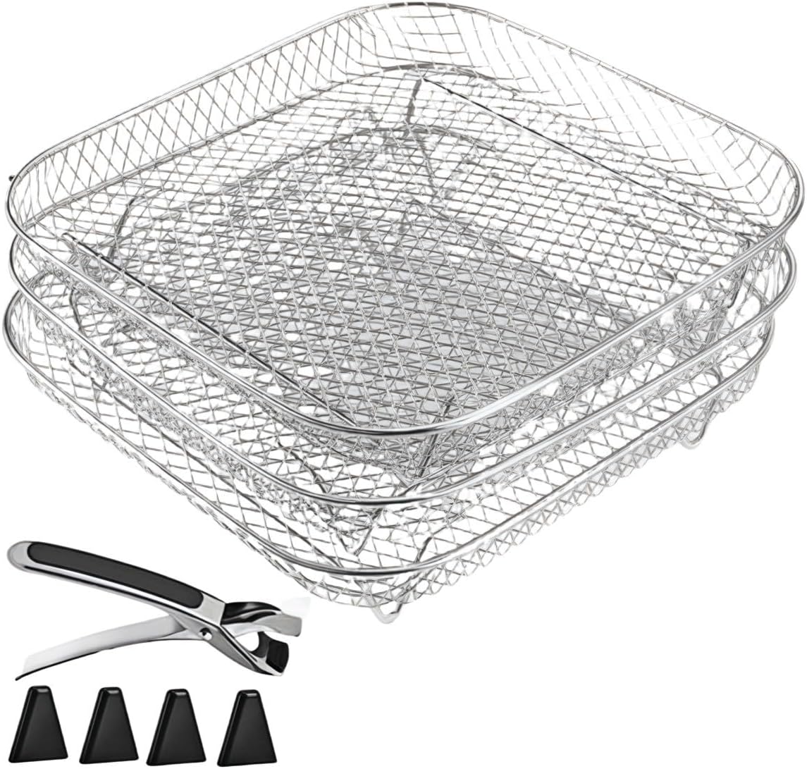 3-Layer Stackable Stainless Steel Mesh Basket Rack Set for Air Fryer Steamer Oven, Dishwasher Safe Cooking Accessories for Enhanced Air Circulation and Space-Saving Design(Square)