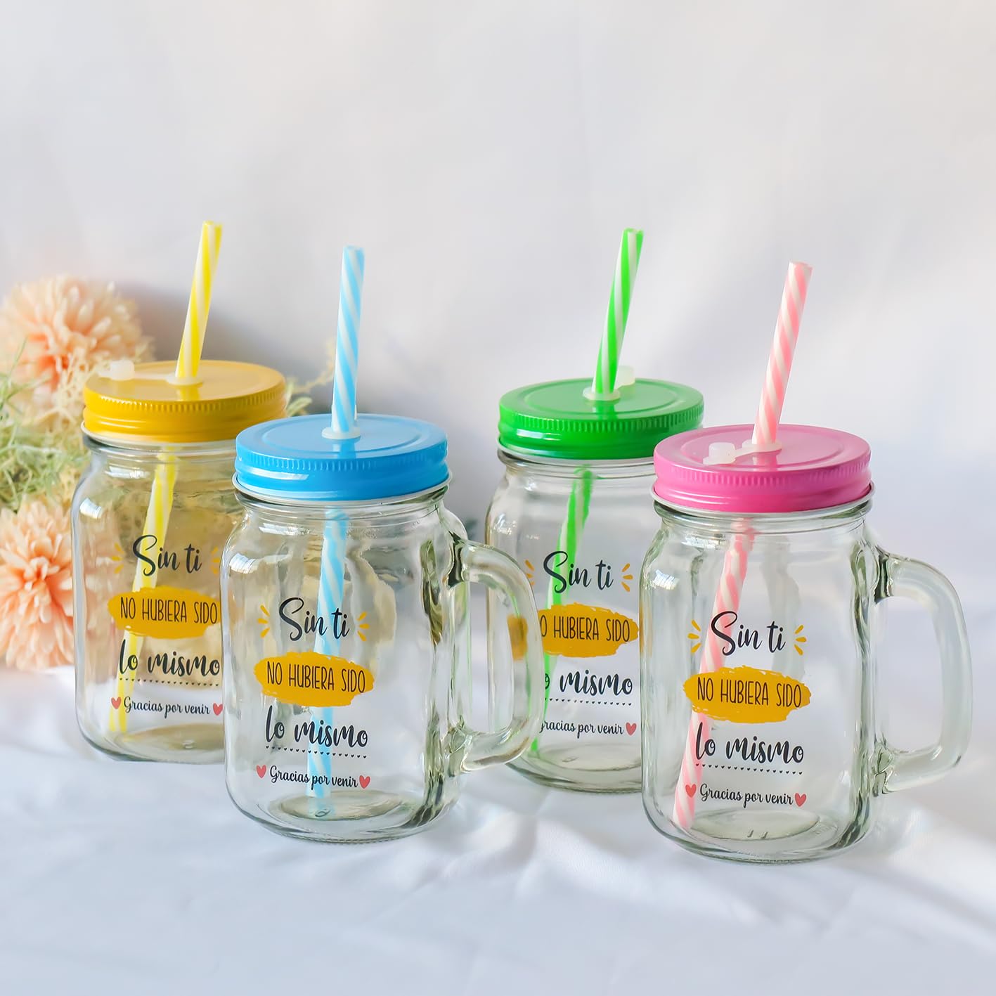Pack de 6 a 24 uds, Jarras de Cristal con Frases Agradecimiento, Asa y Pajita, 480 ml, 13,5 x 7 cm, Modelos Surtidos No Personalizables, Detalles de Boda para Invitados, Regalantes (24, Surtido)