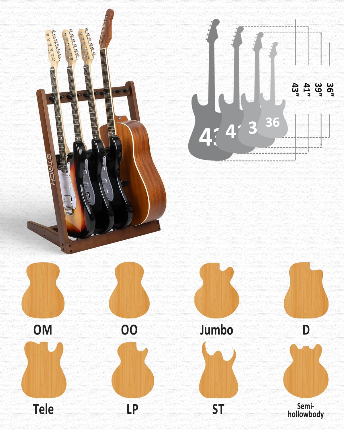 STRICH Wooden Guitar Stand Multiple Guitars, Guitar Rack for 3 Acoustic or 5 Electric Guitars & Basses, Floor Standing Multi Guitar Display for Studio & Home - Protective Padding, SMT-10 (5-Holder)