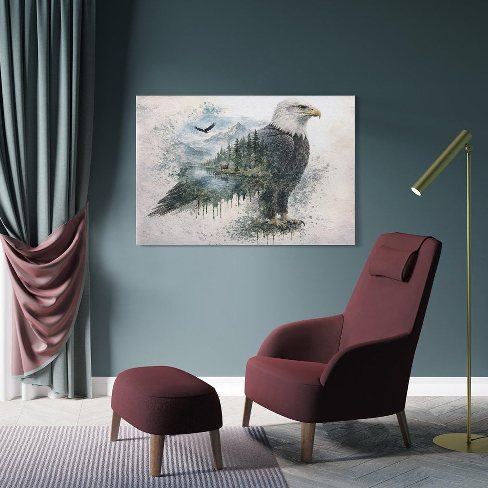 Junmoney Frame-Style-5-1 Eagle With Forest Landscape Overlay Canvas Wall Decor, 24X36inch(60X90cm), For Flats, Guest Rooms Or Compact Rooms, Decorative Canvas Decor For Home Updates