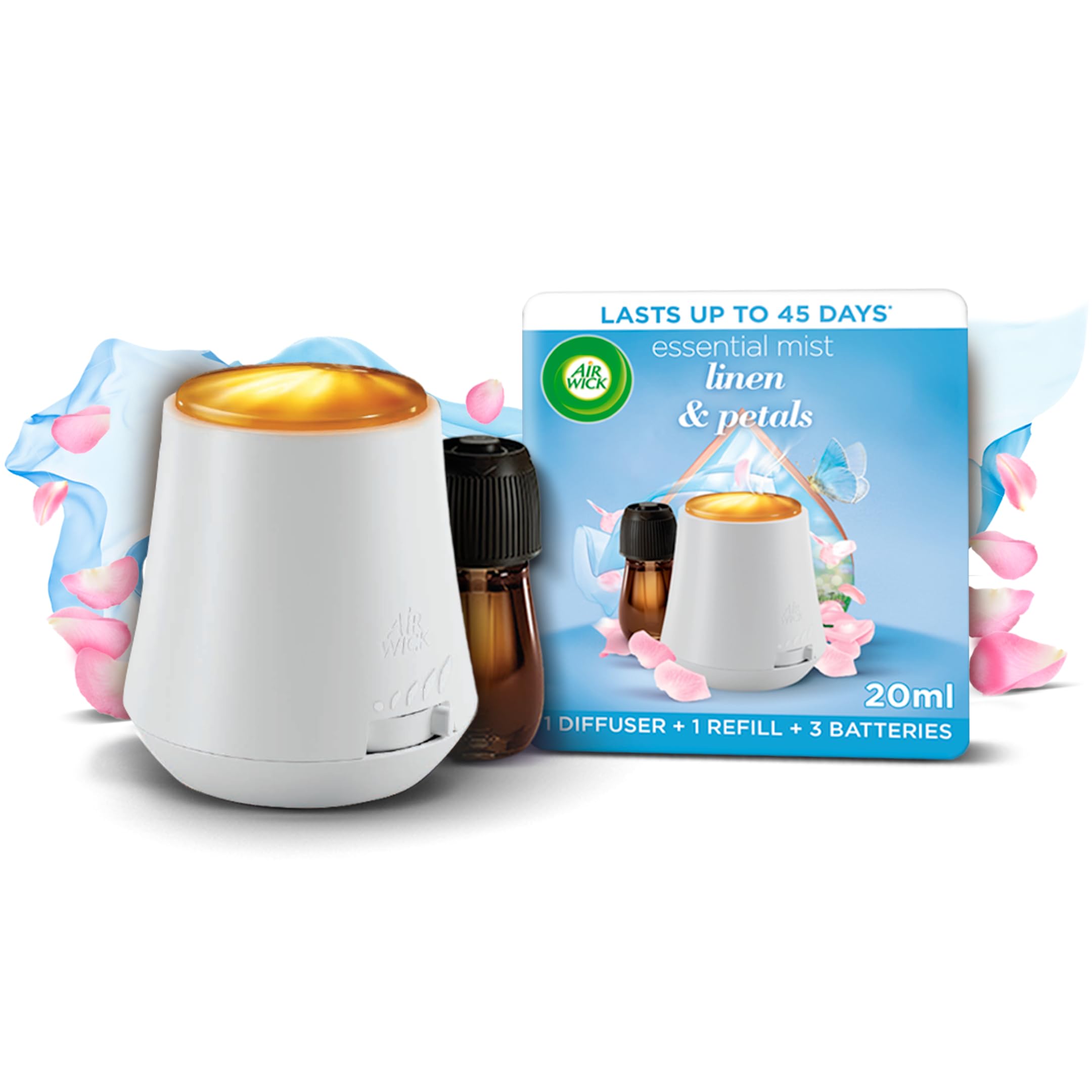 Air Wick Linen & Petals |Essential Mist Aroma Kit | 1 x 20ml |1x Diffuser & 1x Bottle|Natural Essential Oils