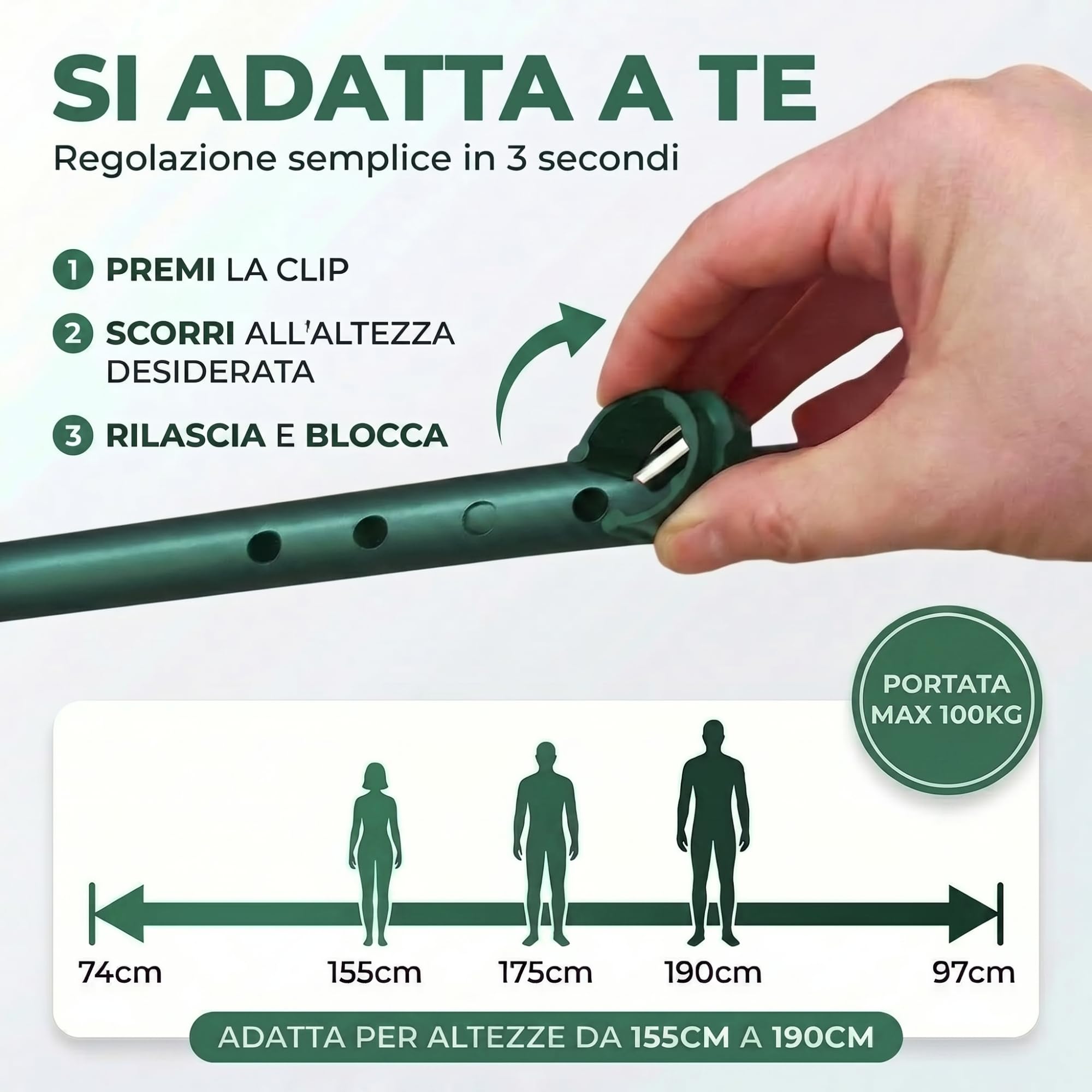 Stampelle Ortopediche Regolabili (2 Unità) Stampelle Canadesi in Alluminio Anodizzato Leggere Antiscivolo Altezza 74-97cm Portata 100kg Farvisan (Verde Bosco)