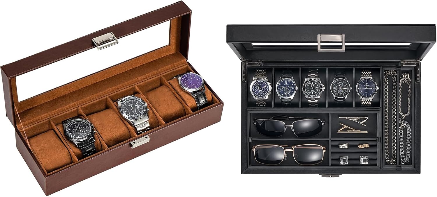 ProCase 6 Slots Watch Box Bundle with 5-Slot Wood Men's Jewelry Box