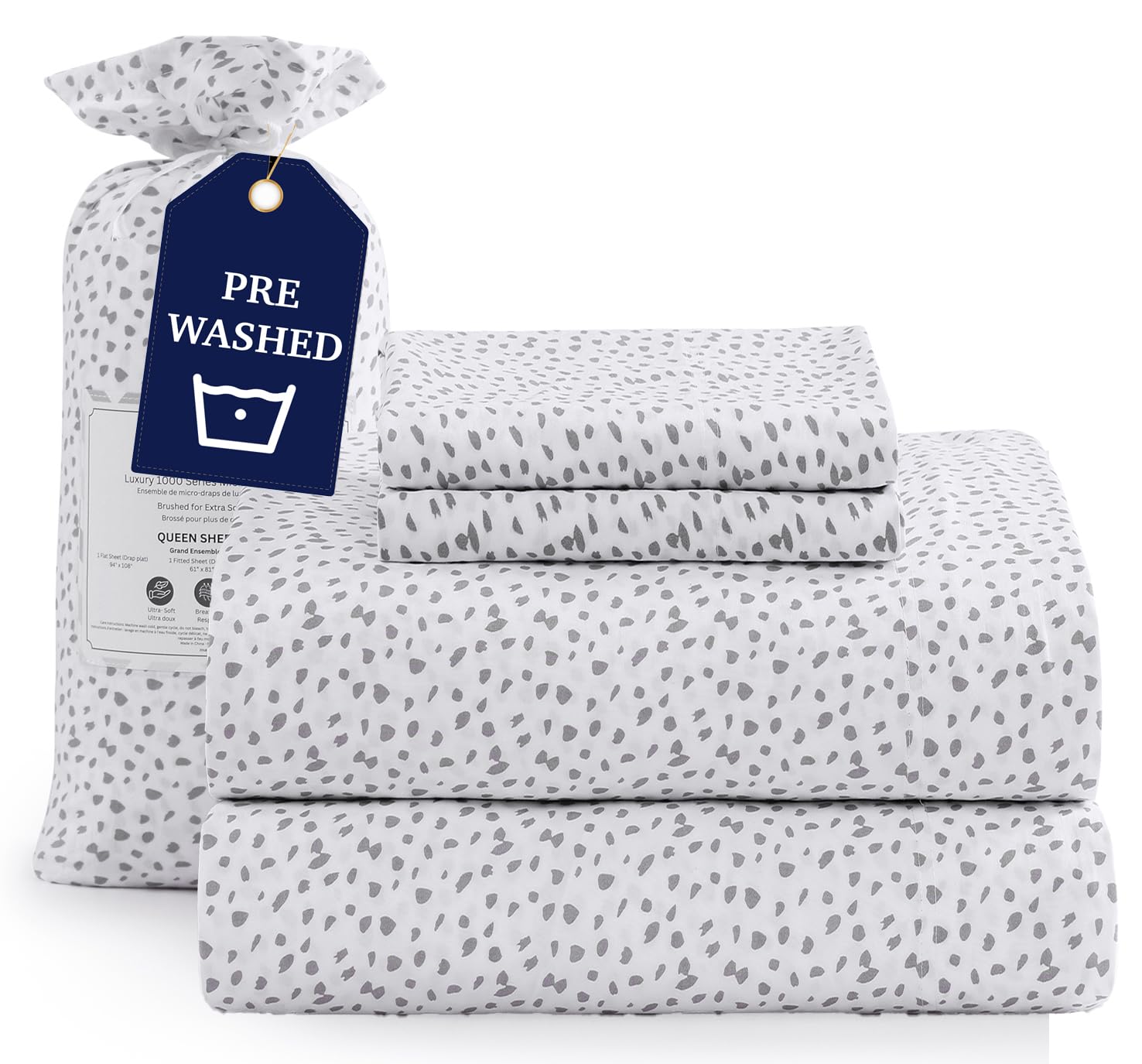 Casa Platino Twin XL Sheets Set, Pre-Washed Soft & Breathable Bed Sheets Set, Hydro-Brushed Microfiber, Twin XL Size Sheets Set with Deep Pockets - White Base Grey Dot