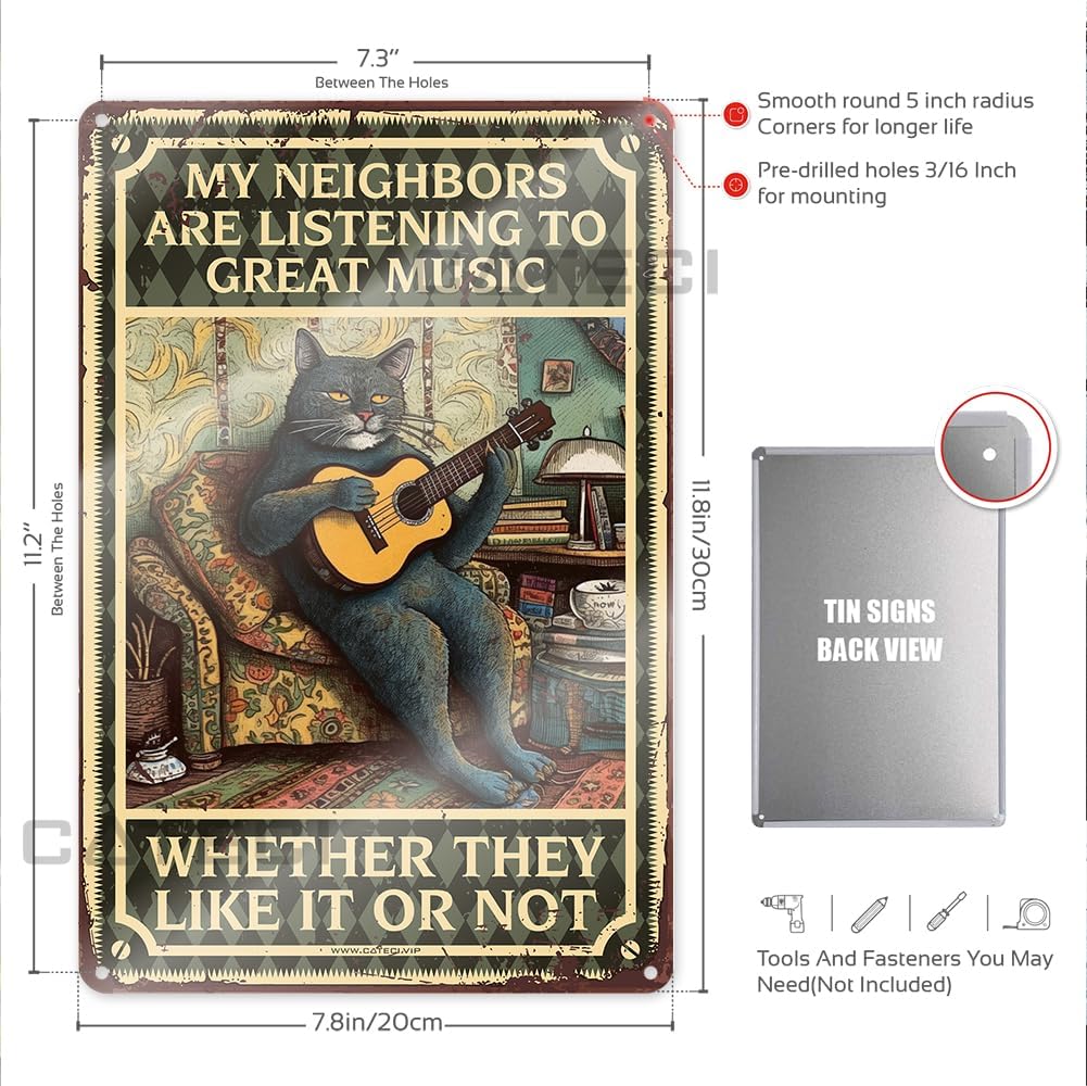 Boys Bedroom Accessories Cat My Neighbors Are Listening To Great Music Tin Sign Small Decor Itemshippie For Homekitchen Sets For Home Decorationsinspirational Wall Art For Women Tin Sign Decor Funny Tin Signs Vintage(20X30CM) image 3