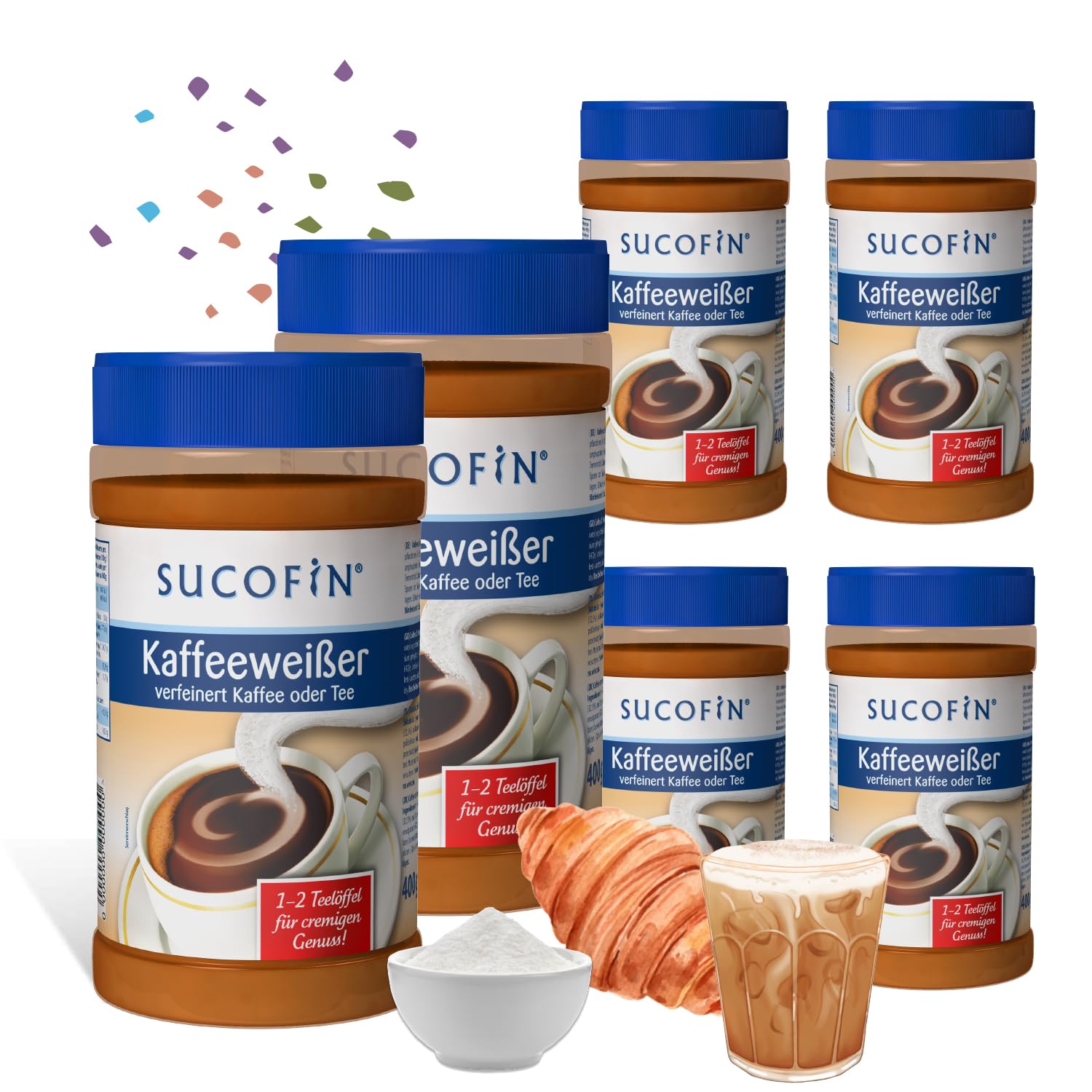 SUCOFIN Juego de 6 botes de 400 g para café y té, fácilmente soluble, larga duración, reemplazo perfecto para leche en polvo, pack de 6 para un disfrute cremoso
