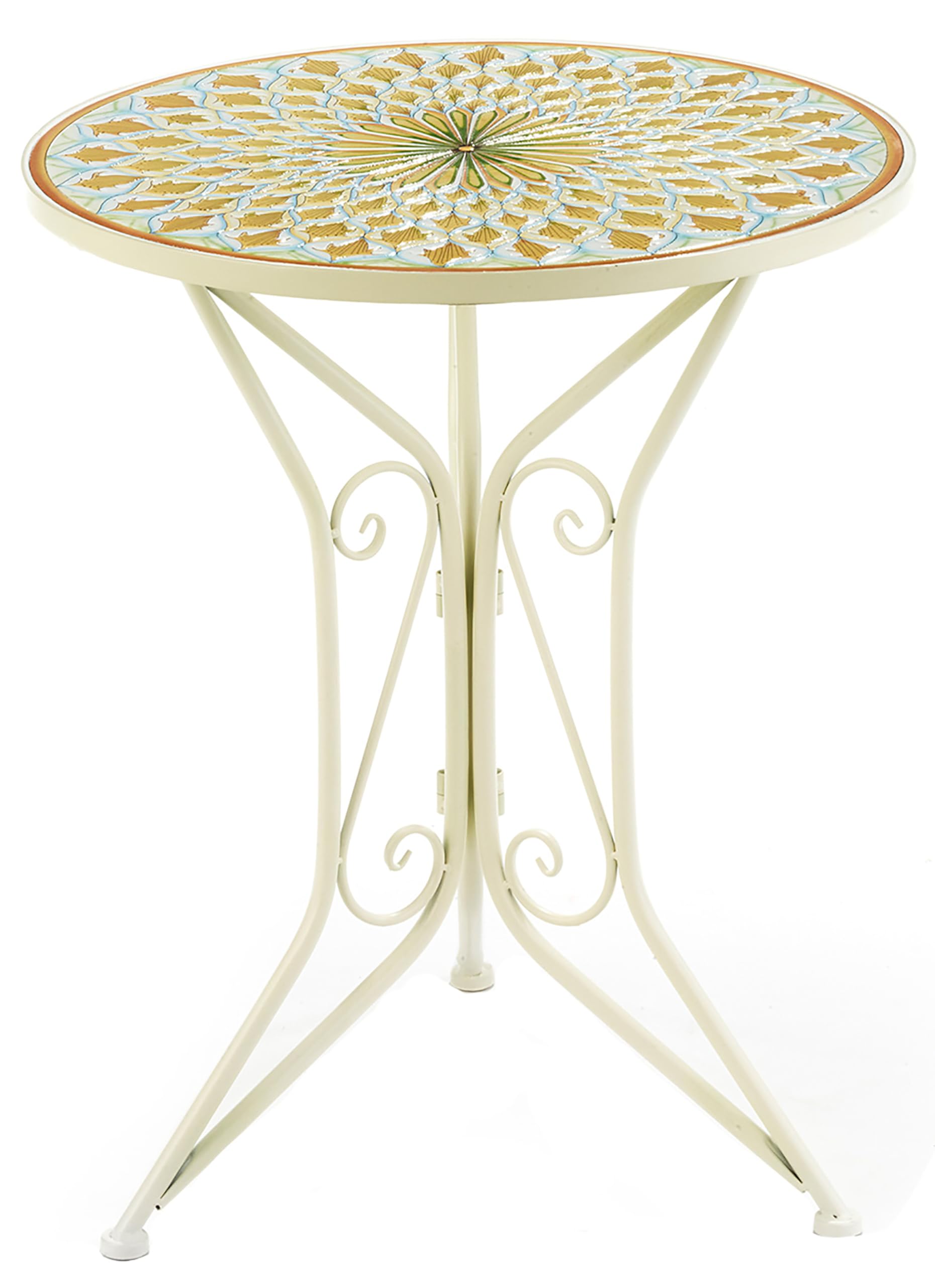 Kobolo Metalltisch mit Mosaikoptik | 61x61x71 cm | weiß | runder Gartentisch im mediterranen Design | dekorativer Bistrotisch für Garten, Balkon & Terrasse | stilvoller, wetterfester Beistelltisch
