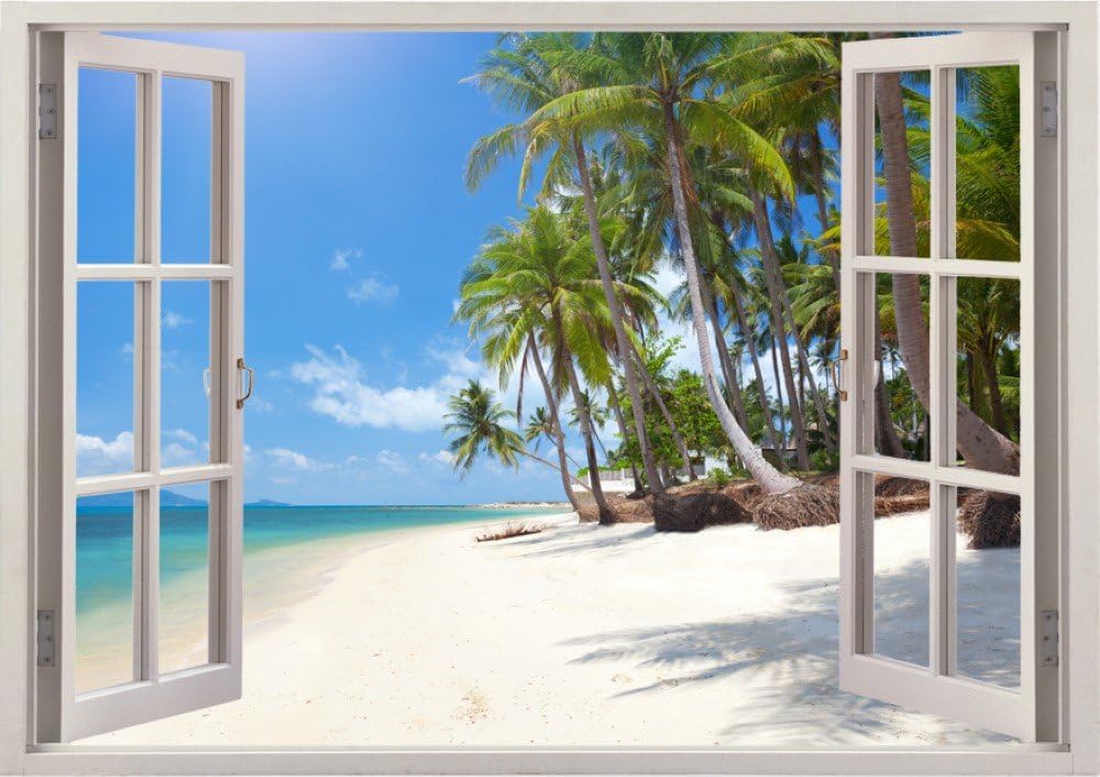 Huge 3D Vinyl Wall Decal Sticker by Bomba-Deal, Window Frame Style Home Décor Art Removable Wall Sticker, 33.5"X 47" (Vacation Palm Trees Ocean Beach Sea Scape View)