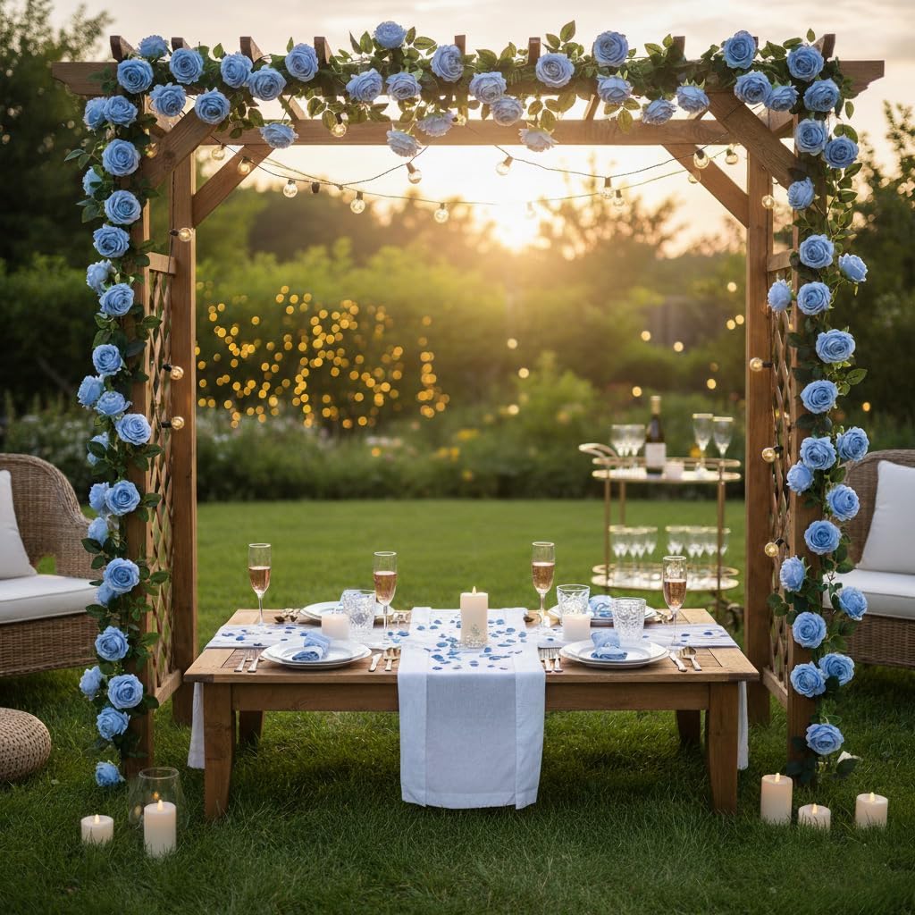 Bendable Artificial Flower Garland Faux Rose Vine Hanging Floral Garland for Wall Decor Trellis Fence Home Room Garden Wedding Decoration(Blue, 1pcs)