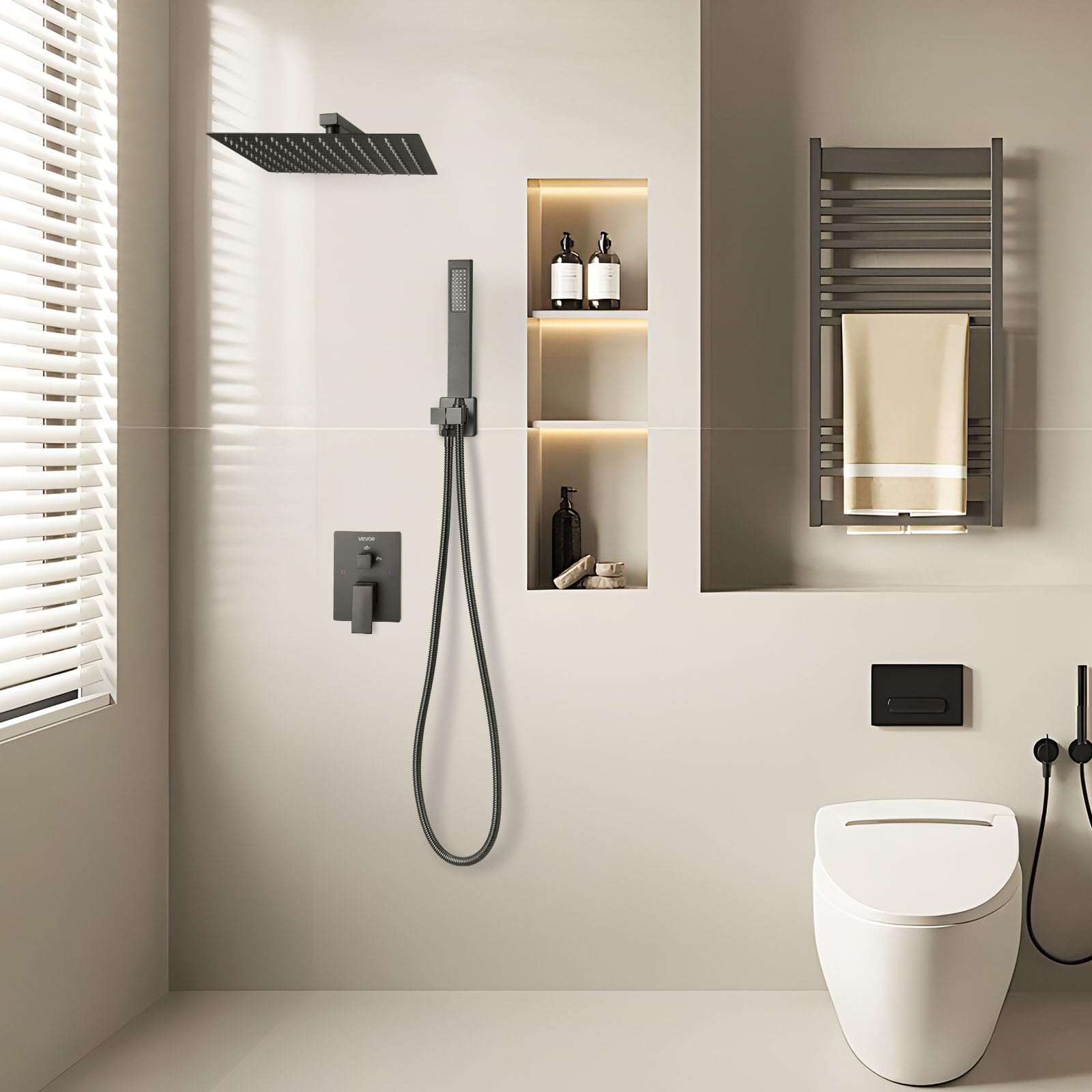 VEVOR Juego de Grifo de Ducha de Lluvia con Cabezal de Ducha Cuadrado de 30,5 cm y Rociador de Mano, Grifería de Baño de Pared con Válvula de Latón y Kit de Embellecedor, 6,7 L/min, Negro Mate