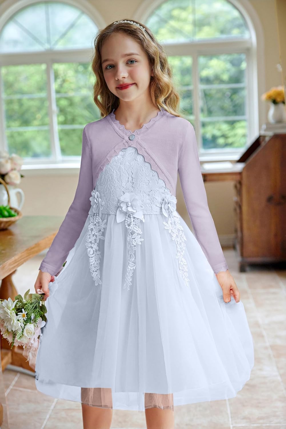 Arshiner Girls Open Front Bolero Shrug Kids Long Sleeve Cropped Elegant Cardigan Knit Sweater - Image 2