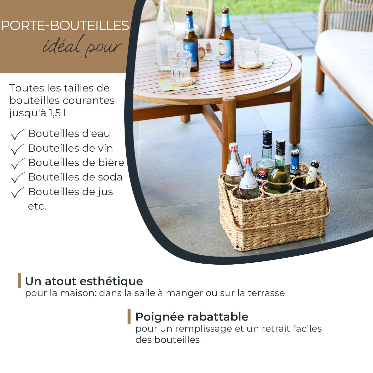 HMF Porte-bouteilles pour 6 bouteilles, panier à bouteilles tressé en jacinthe d'eau durable, 32 x 22 x 18 cm