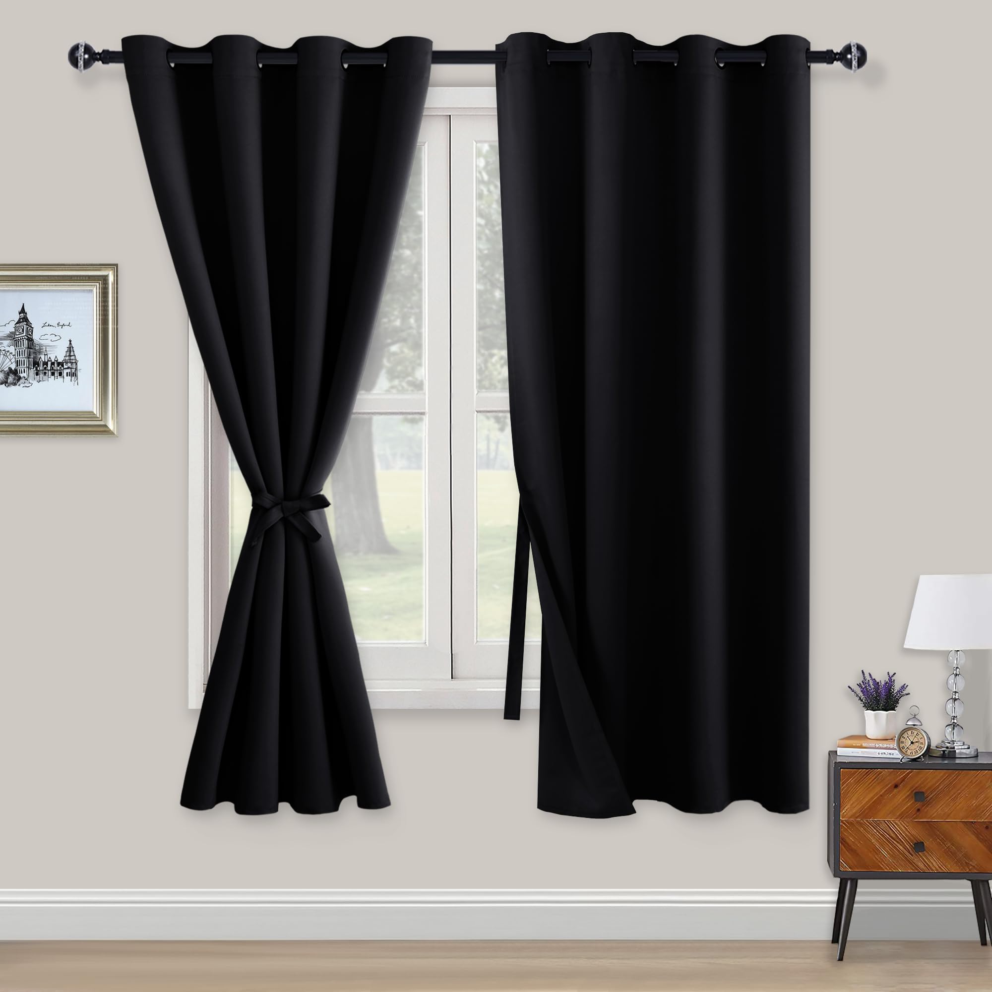XWZO Blickdichte Vorhänge Verdunklungsvorhänge mit Ösen 2 Stücke Gardienen mit Raffhalter Lichtundurchlässige Vorhänge für Schlafzimmer,WonhzimmerBüro, 160x132 cm, Schwarz