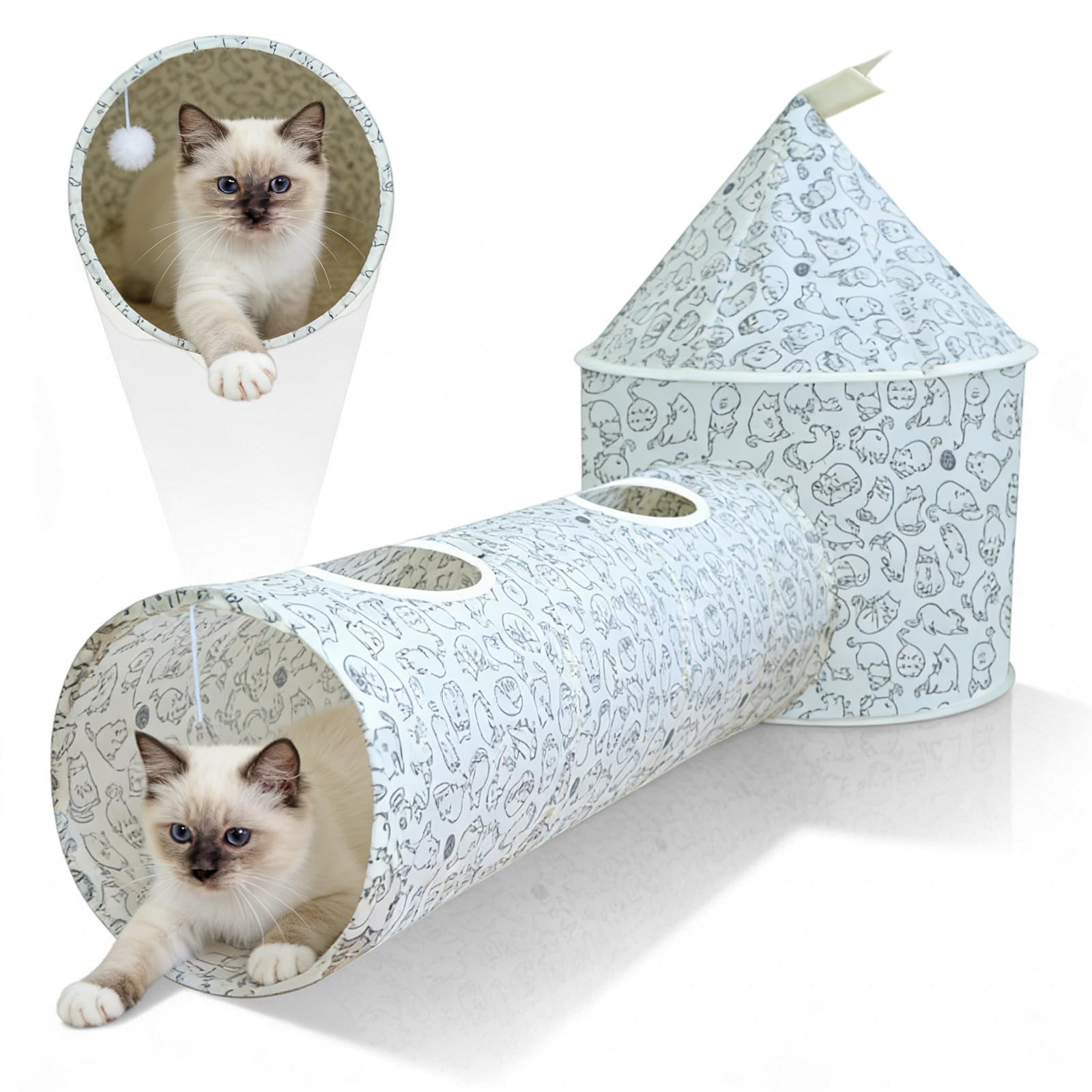 Tunnel Per Gatti 3 In 1,Tunnel Giocattolo Per Gatti Con Palla Appesa,Tunnel Tubo Gatto,Cat Tunnel Tube Per Gatti E Cuccioli,Animali Domestici,Pieghevole,Gattini, 25×94CM+45×64CM
