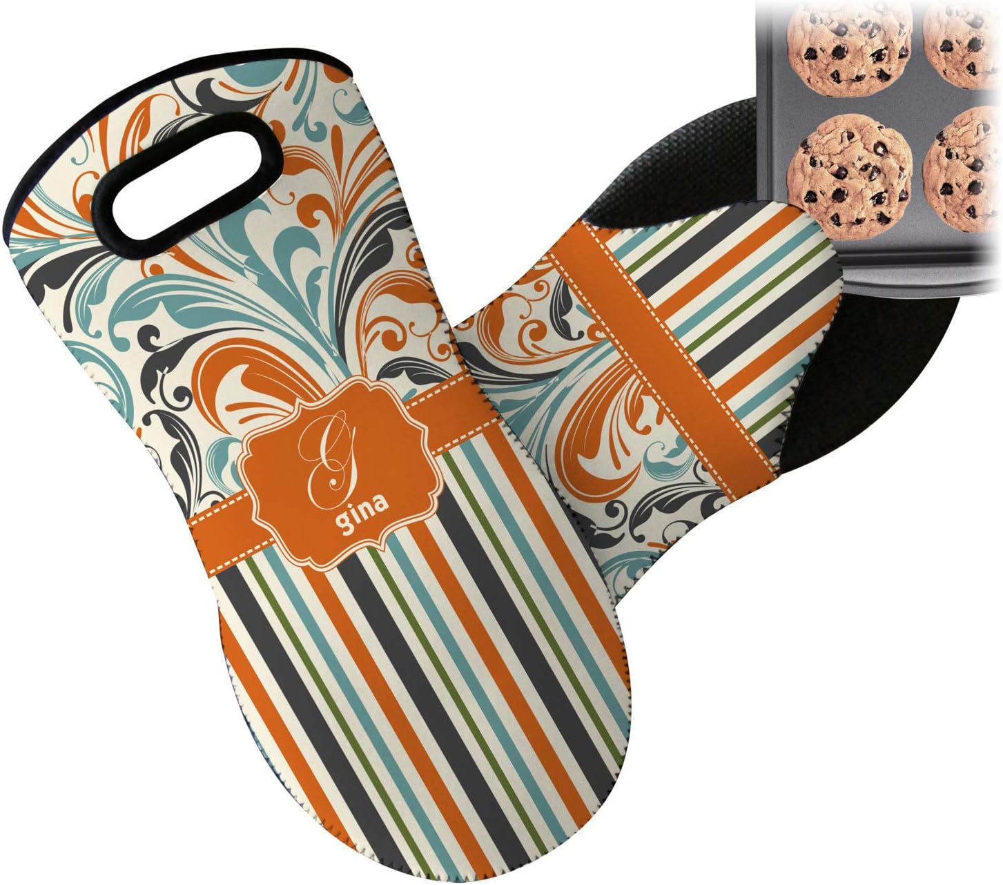 YouCustomizeIt Personalized Orange Blue Swirls & Stripes Neoprene Oven Mitt - Single w/Name and Initial