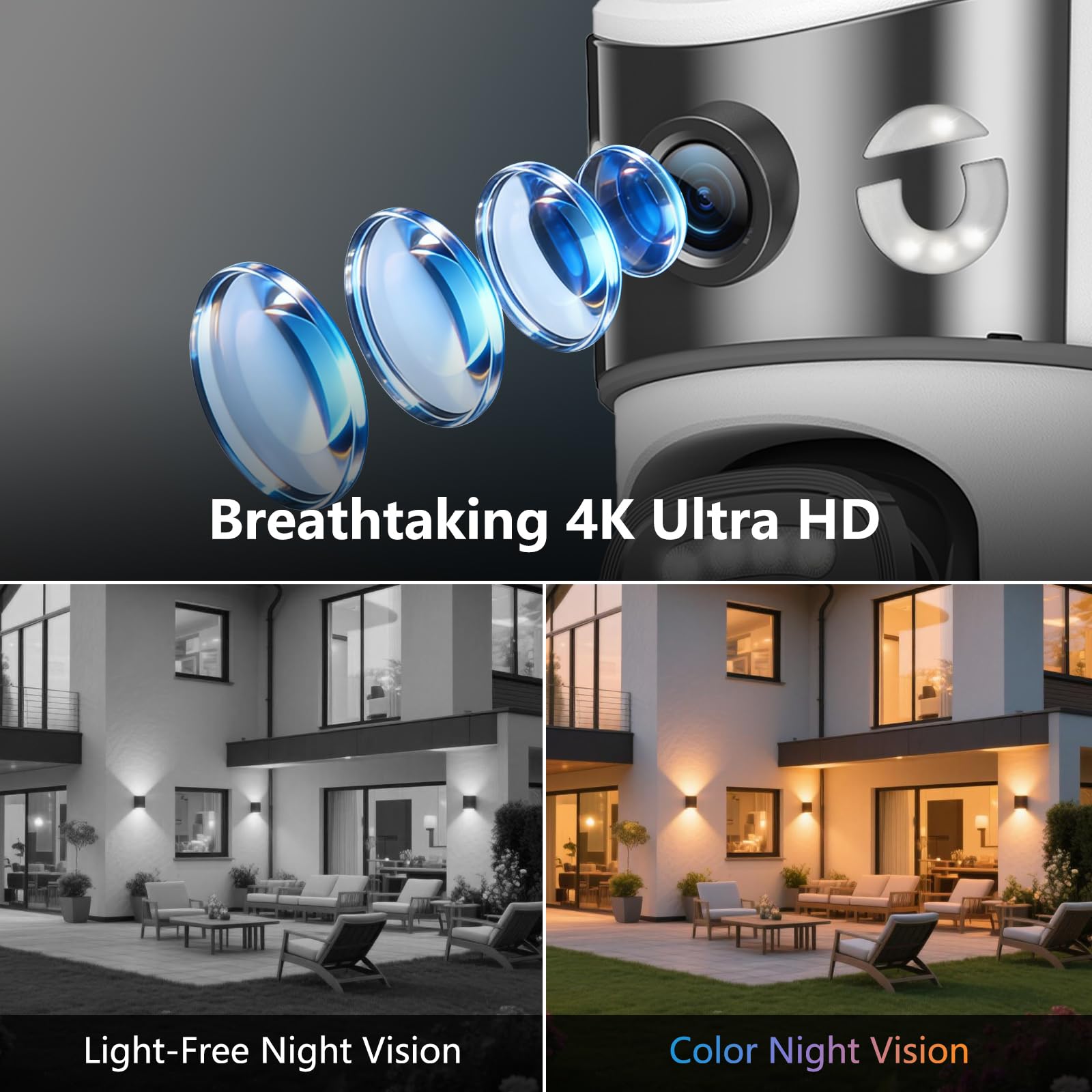 4K Wireless Outdoor WiFi Surveillance Camera, 8MP Dual Lens Solar Outdoor Camera with Panel, 355° PTZ, Night Vision, Automatic Tracking, PIR Human Detection, Two-Way Audio - 3