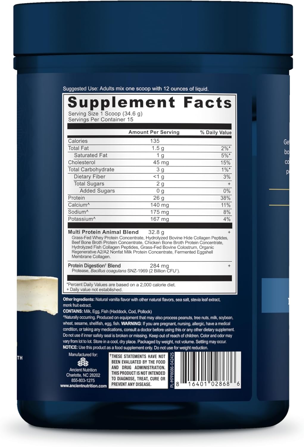 Ancient Nutrition Multi Protein Animal Based Powder, 26g Protein, Grass Fed Whey, Bone Broth, Collagen Peptides, Colostrum & Probiotics, Supports Joint & Gut Health, Vanilla, 15 Servings - Image 3