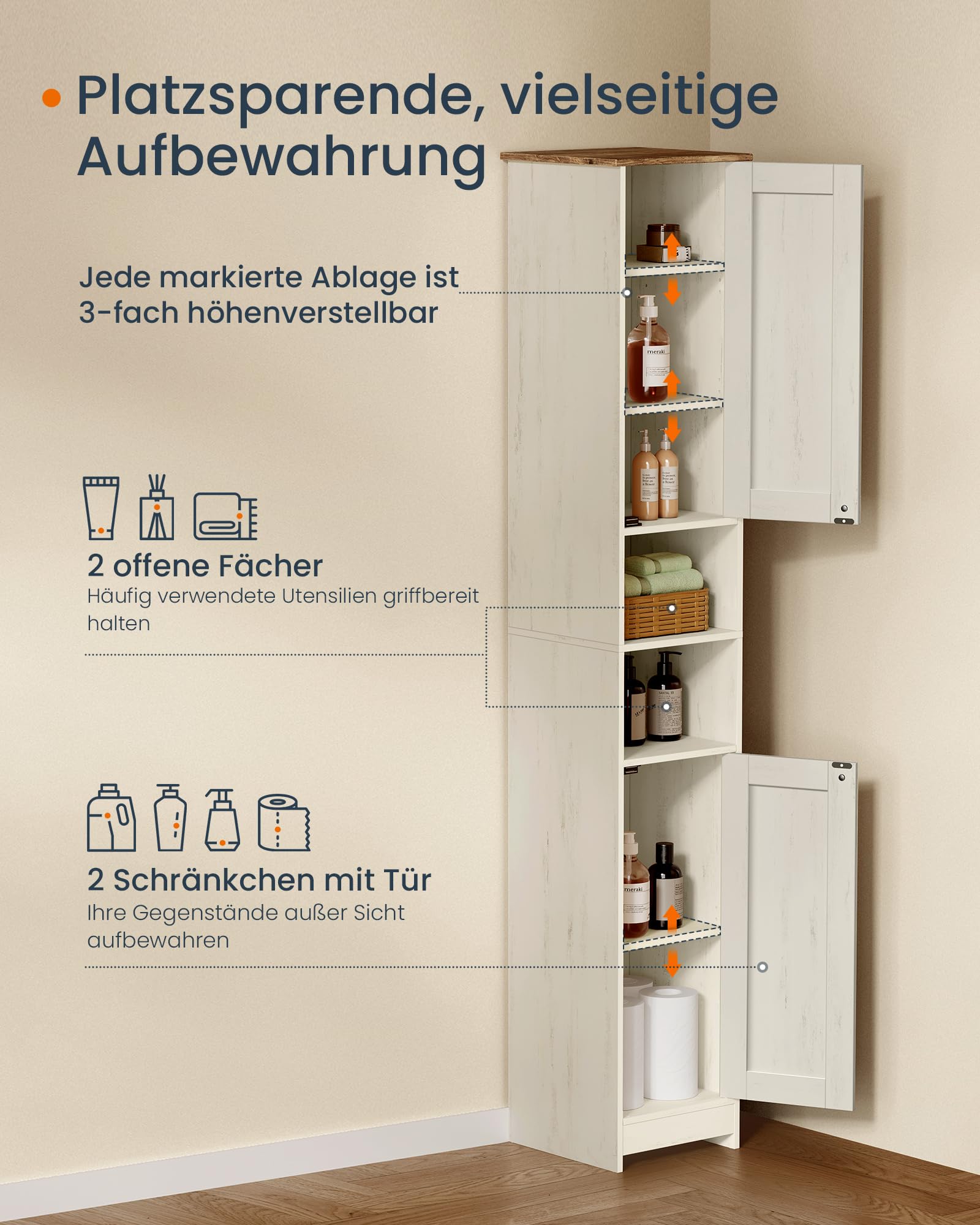 SONGMICS Home Badezimmerschrank, superschnelle werkzeuglose Montage, Toolless-Technologie, Badschrank schmal, verstellbare Ablagen, Wohnzimmer, Flur, 30 x 30 x 170 cm, vintageweiß BBC667WJ01