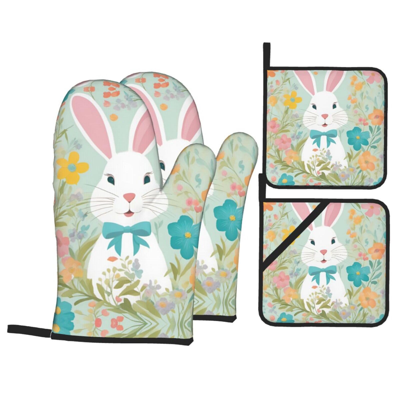 Easter Bunny Floral Print Stylish 4-Piece Microwaving Oven Waterproof Kitchen Gloves Baking Holiday Cooking