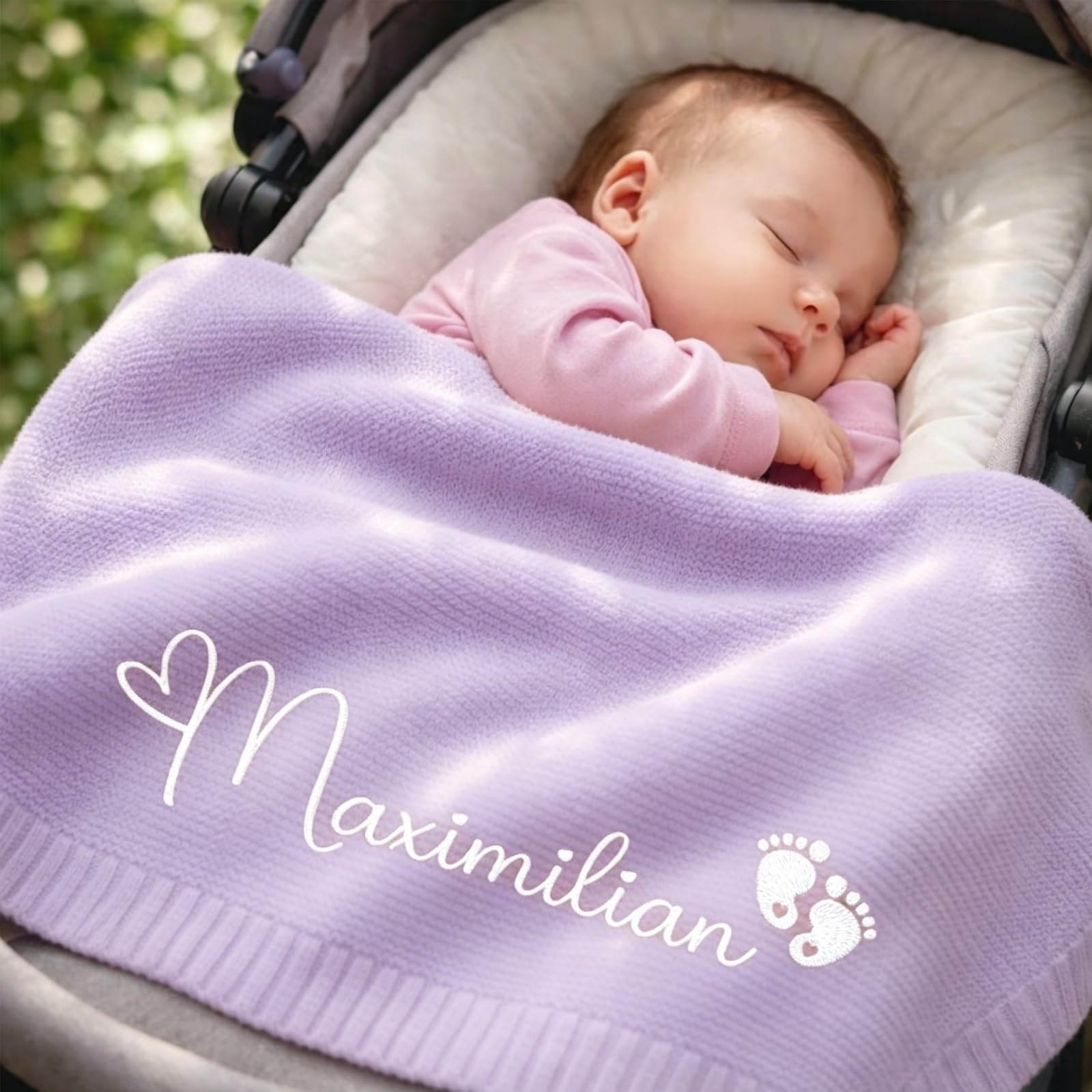 ZZTINGC Personalized Baby Blanket with Name and Icon, Cotton Knitted Blanket for Newborn, Custom Embroidered Gift for Toddler Stroller, Baby Shower(Light Purple)