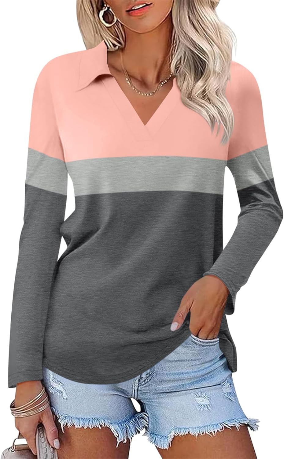 Women's Long Sleeve Shirts V Neck Tunic Tops Dressy Casual Basic Tees Blouse Loose Collar Polos