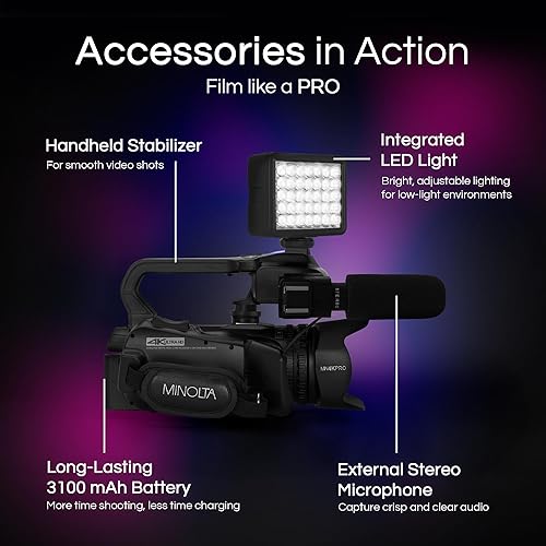 Miniatura 4 de Minolta Cámara de video de enfoque automático de 64 MP con micrófono y luz de video, pantalla táctil de 4 pulgadas, video 4K Ultra HD, zoom digital