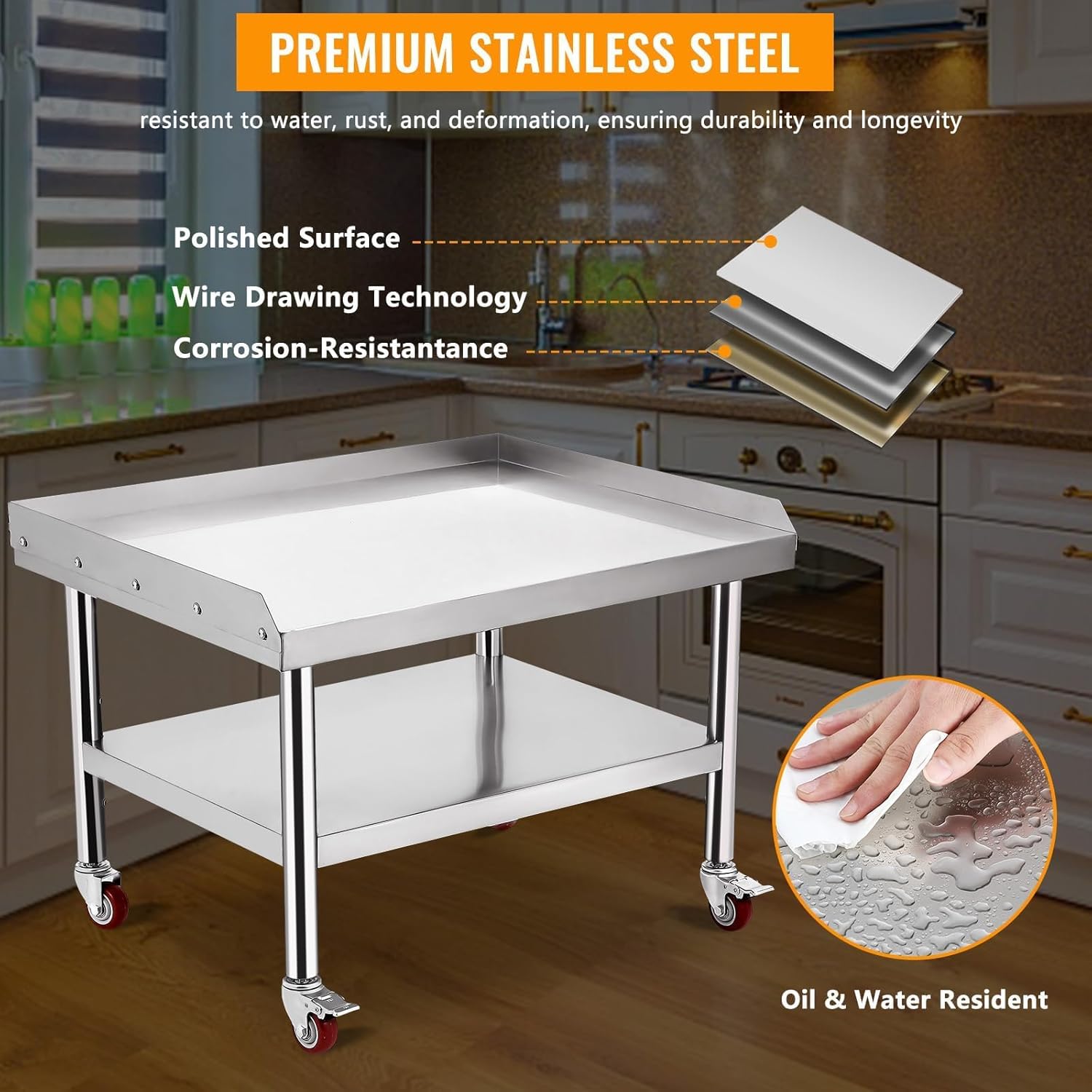 Stainless Steel 36x30x24 Inch Equipment Grill Stand Table with wheels, 660 Lbs Top & Bottom Shelf, Adjustable Legs, 2" Edge Baffle, for Hotel, Home, Commercial Restaurant Kitchen