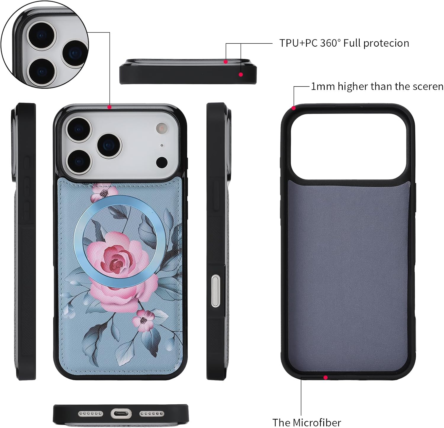 Compatible for iPhone 17 Pro Max Crossbody Wallet Purse Phone Case,Detachable Magnetic,RFID Blocking Card Holder,Zipper Leather Wallet Wrist Lanyard Strap Case for Women.Blue Flower - Image 8