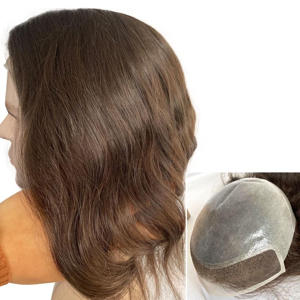 12" Long Human Hair Toupee for Men 10"x8" Hair Replacement System Men's Hairpieces Natural Hairline Lace Front with 0.06mm Thin Skin PU V-looped (#4 medium brown color)